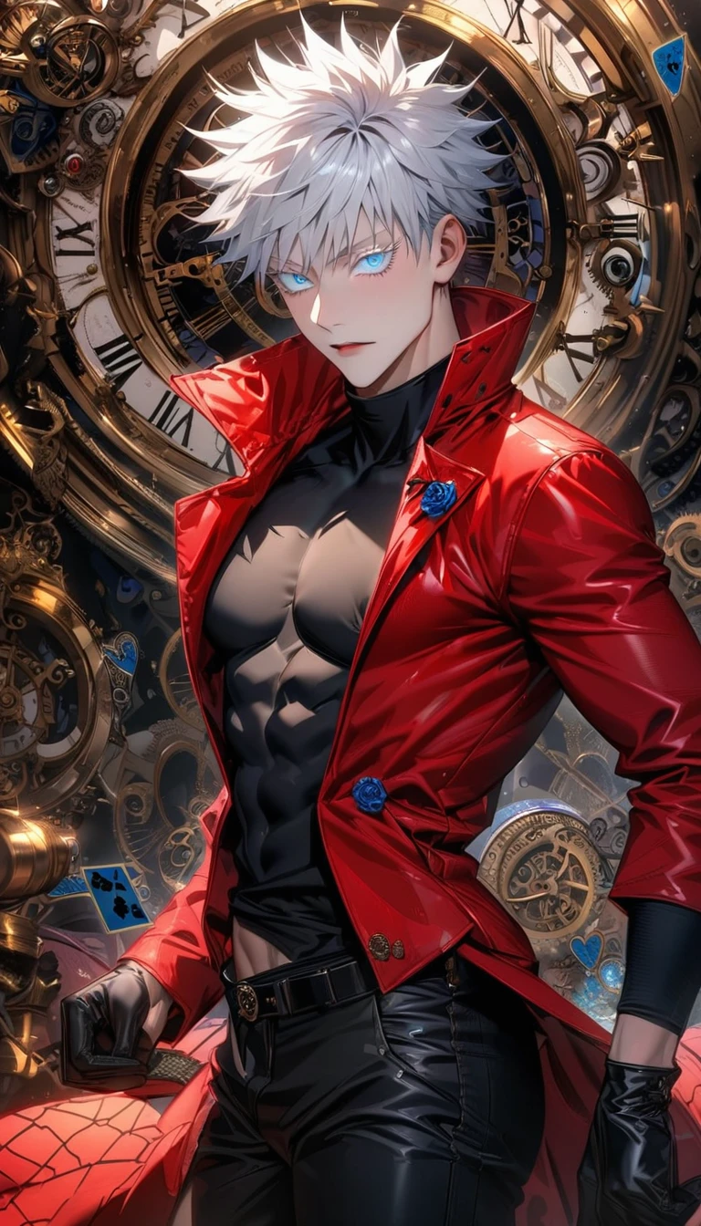 Ultra detailed, highres, absurdres, HDR, Gojou Satoru, white hair with bangs, blue eyes, white eyelashes, Jujutsu Kaisen, red long coat, black tight shirt with patterns, clock, gear, in wonderland, heart cards, sexy man, solo, handsome, very detailed face and eyes, toned chest, black pants, black gloves,