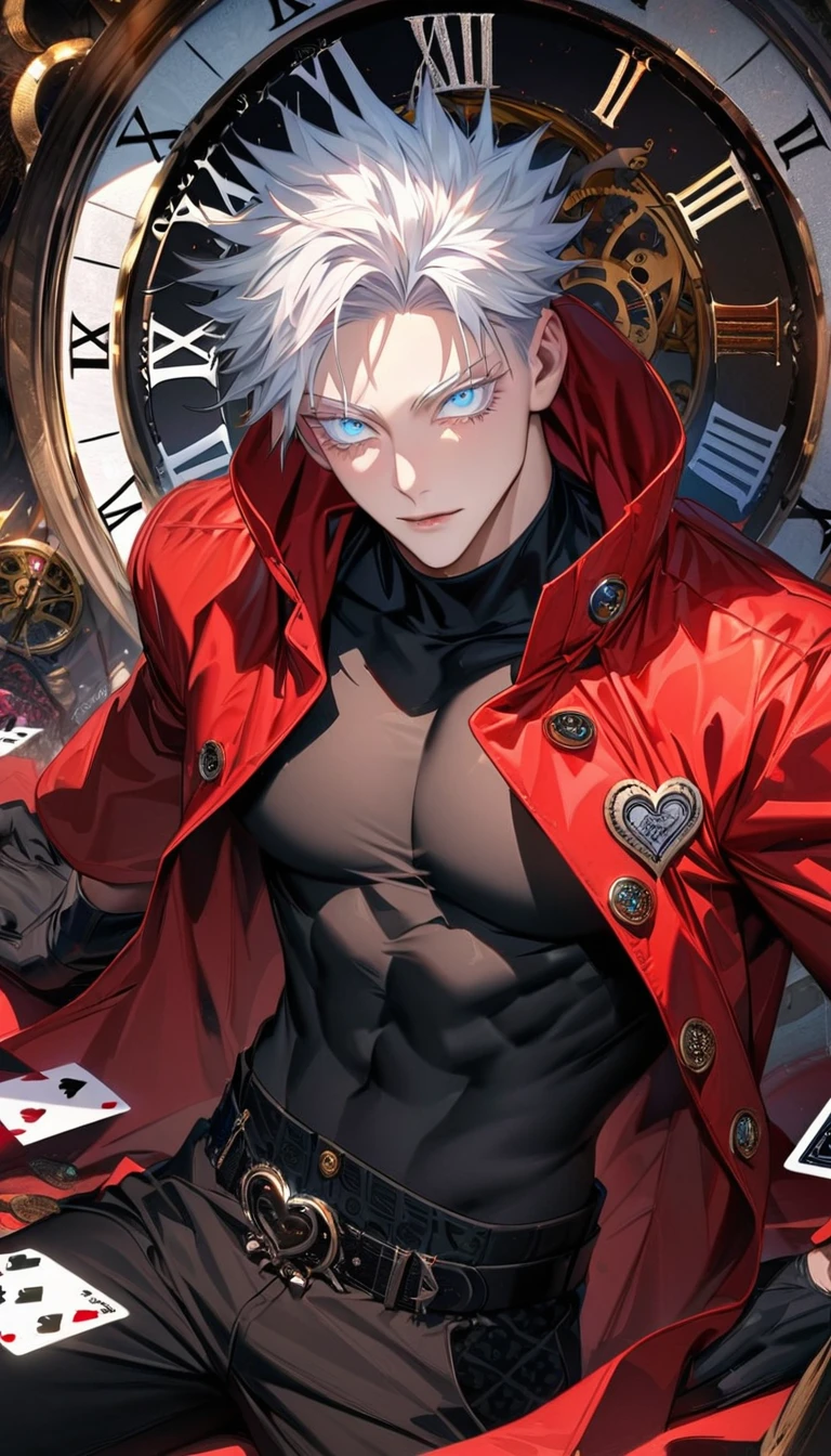 Ultra detailed, highres, absurdres, HDR, Gojou Satoru, white hair with bangs, blue eyes, white eyelashes, Jujutsu Kaisen, red long coat, black tight shirt with patterns, clock, gear, in wonderland, heart cards, sexy man, solo, handsome, very detailed face and eyes, toned chest, black pants, black gloves,