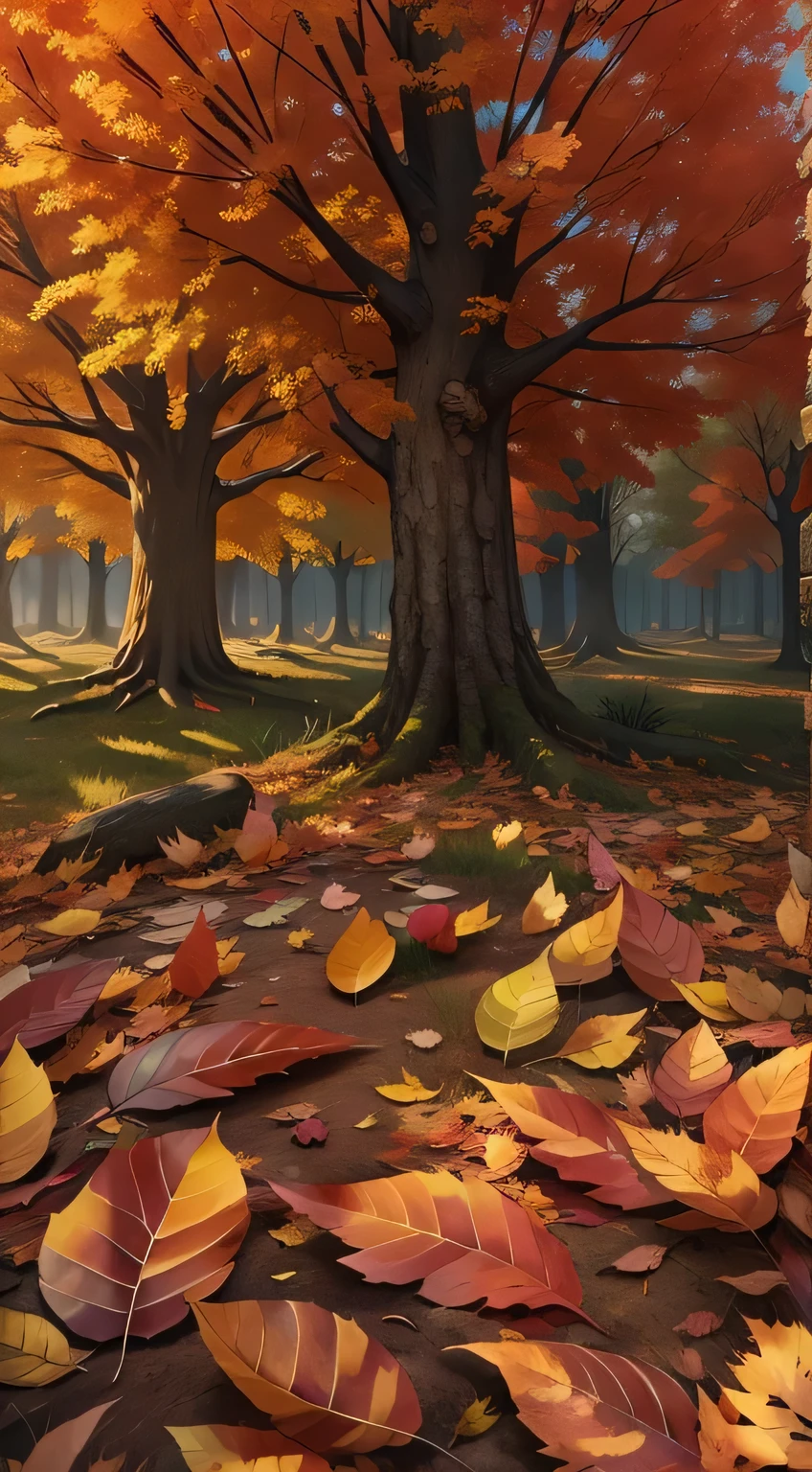 Fantasy autumn with brown fallen leaves, Movie, Very detailed, HD