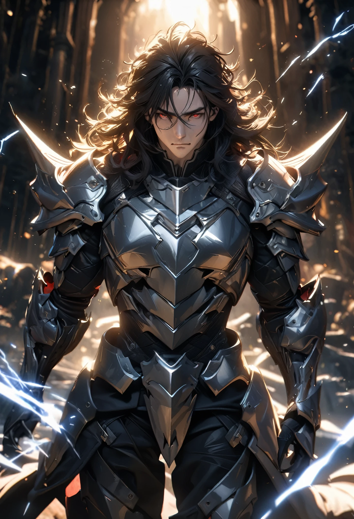 (solo), black hair, messy hair, mane hair, medium hair, dense hair, wild hair, expressive hair, mature,(25 year old), pale skin, red eyes, ((man)), handsome guy, wearing a silver armor, armored arms, armored legs, claws,, beautiful, attractive, eye reflection, depth of field, thunder aura,cinematic lighting, ray tracing, depth of field, cinematic lighting, ray tracing, UHD, high details, best quality, highres, high quality, award winning, super detail, masterpiece, 8k, UHD, high details, best quality, highres, high quality, award winning, super detail, masterpiece, 8k, digital art, anime coloring, body shot, good face, perfect face, detailed face, good eyes
