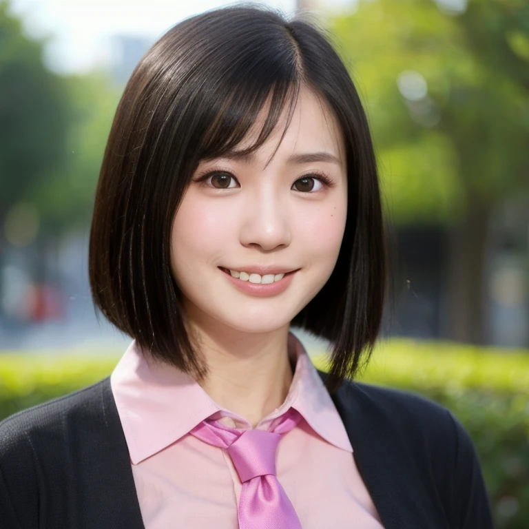 (kawaii 24year-old Japanese girl, Nogizaka idol, Korean idol), (glossy black hair, medium bob cut, aligned hair length:1.3), (rounded face, black eyes, single eyelid, no makeup, big laughing, well-aligned teeth:1.2), (wearing light pink collared shirt, necktie:1.3), (flat chest, extra small breasts:0.8), (looking down at something out of frame:1.2), BREAK, (sunny day outside background:1.3), (vertical shot, profile, close shot:1.3), BREAK, (masterpiece, best quality, photo realistic, official art:1.4), (UHD, 8K quality wallpaper, high resolution, raw photo, golden ratio:1.2), (shiny skin), professional lighting, physically based rendering, award winning, (perfect anatomy, highly detailed skin, extremely detailed face and eyes), Carl Zeiss 85 mm F/1.4, depth of field, 1girl, solo,
