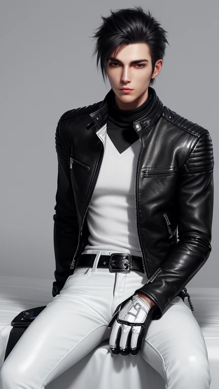 Final Fantasy-style graphics, young, Cute and cool Japanese boys, Thin eyebrows and big eyes,  He is wearing a shiny white single-breasted leather jacket...。Biker style leather jacket、 with epaulettes,  The jacket is zipped up, The jacket pockets are black., The jacket has a high stand-up collar with a belt, Also wearing a black turtleneck, black leather pants, Thin black leather gloves on both hands, Black leather knee-high lace-up boots, Show me your whole body from head to toe, Final Fantasy Style、((good looking))、((Clear eyes and nose))、((Shiny white single leather jacket))、((The jacket must be white))((The jacket has epaulettes))、((The jacket has a high stand-up collar and a belt.))、((The jacket has a black pocket))、((Black turtleneck shirt))、((光沢のあるblack leather pants))、((Shiny black leather gloves on both hands))、((Black lace-up leather long boots))、((View the whole body image from a distance))、Realistic image quality and texture、In a small cell、close your eyes、A kind smile、((The jacket is closed with a zipper))、((No exposed skin below the neck))、((Sitting on the bed))