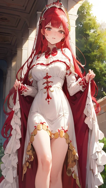 /imagine one red hair girl, sheer baroque corset, white wedding dress with long train, big cleavage, big breasts , flowy skirt ,slender figure, full body, large hips, small waist, high heels, long skirt, long veil, curly hair, very sexy
