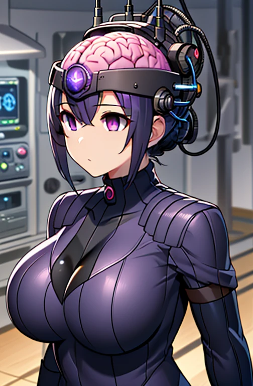 1 girl, BREAK Headgear,mechanical,(((brain,Head Device, brain in Head Device,clavicle, Absurd, 洗brain,Combatant, Hollow Eyes,((Purple glowing eyes 1.5))( Huge breasts ), Expressionless, emotions are removed,((Black Shadaloo Suit)),avert your eyes,(highest quality、4K、8k、High resolution、Must have:1.2)、Very detailed、(reality、that&#39;s reality的、reality的:1.37)、Ticker、Hyper HD、Studio Lighting、Ultra-detailed Paint、Sharp focus、Physically Based Rendering、Extreme Detail、Professional specifications、vibrancy and color、Blurred、anime big breasts、SF、photograph、Concept Artist、Five Fingers, Perfect body,  {{{masterpiece}}}, {{{highest quality}}}, {{Very detailed}}, {shape}, {{Very delicate and beautiful}},