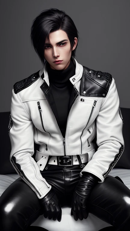 Final Fantasy-style graphics, young, Cute and cool Japanese boys, Thin eyebrows and big eyes, He is wearing a shiny white single-breasted leather jacket...。Biker style leather jacket、 with epaulettes, The jacket is zipped up, The jacket pockets are black., The jacket has a high stand-up collar with a belt, Also wearing a black turtleneck, black leather pants, Thin black leather gloves on both hands, Black leather knee-high lace-up boots, Show me your whole body from head to toe, Final Fantasy Style、((good looking))、((Clear eyes and nose))、((Shiny white single leather jacket))、((The jacket must be white))((The jacket has epaulettes))、((The jacket has a high stand-up collar and a belt.))、((The jacket has a black pocket))、((Black turtleneck shirt))、((光沢のあるblack leather pants))、((Shiny black leather gloves on both hands))、((Black lace-up leather long boots))、((View the whole body image from a distance))、Realistic image quality and texture、In a small cell、close your eyes、A kind smile、((The jacket is closed with a zipper))、((No exposed skin below the neck))、((Sitting on the bed))