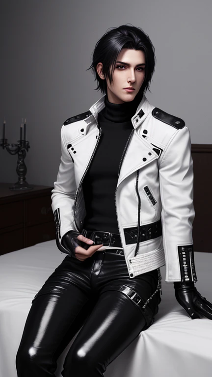 Final Fantasy-style graphics, young, Cute and cool Japanese boys, Thin eyebrows and big eyes,  He is wearing a shiny white single-breasted leather jacket...。Biker style leather jacket、 with epaulettes,  The jacket is zipped up, The jacket pockets are black., The jacket has a high stand-up collar with a belt, Also wearing a black turtleneck, black leather pants, Thin black leather gloves on both hands, Black leather knee-high lace-up boots, Show me your whole body from head to toe, Final Fantasy Style、((good looking))、((Clear eyes and nose))、((Shiny white single leather jacket))、((The jacket must be white))((The jacket has epaulettes))、((The jacket has a high stand-up collar and a belt.))、((The jacket has a black pocket))、((Black turtleneck shirt))、((光沢のあるblack leather pants))、((Shiny black leather gloves on both hands))、((Black lace-up leather long boots))、((View the whole body image from a distance))、Realistic image quality and texture、In a small cell、close your eyes、A kind smile、((The jacket is closed with a zipper))、((No exposed skin below the neck))、((Sitting on the bed))