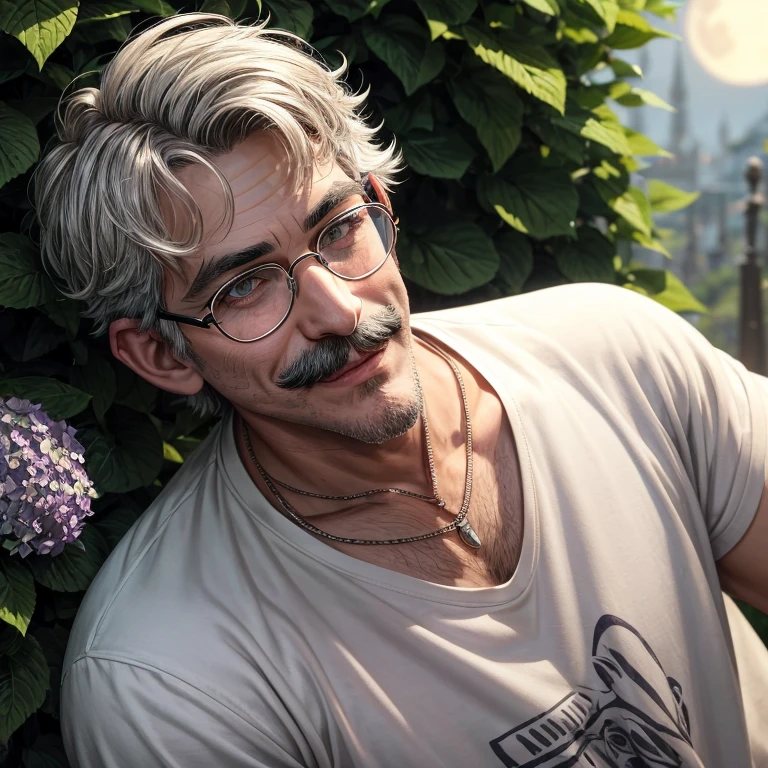 Masterpiece, best, night, full moon, 1male, mature man, man with mustache, glasses, tshirt,versity javket,silver necklace,smile,short hair cut, green pupils, hairpin, hydrangea, delicate face, face close-up.