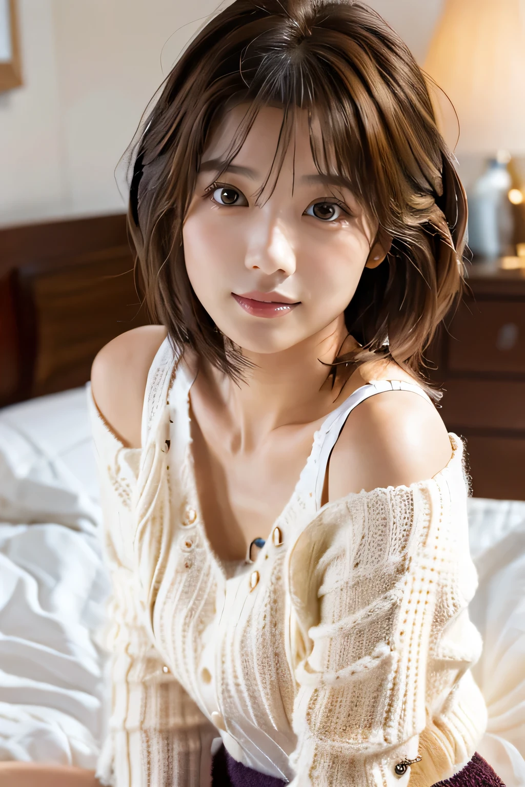 ((sfw: 1.4)), detailed face, cute face,brown eye,master piece , best quality , highly detailed , dresses , , extra short hair, sidelocks-hair, (matured female) , lie down , arm up , armpit , from above , japanese , smile , bed room