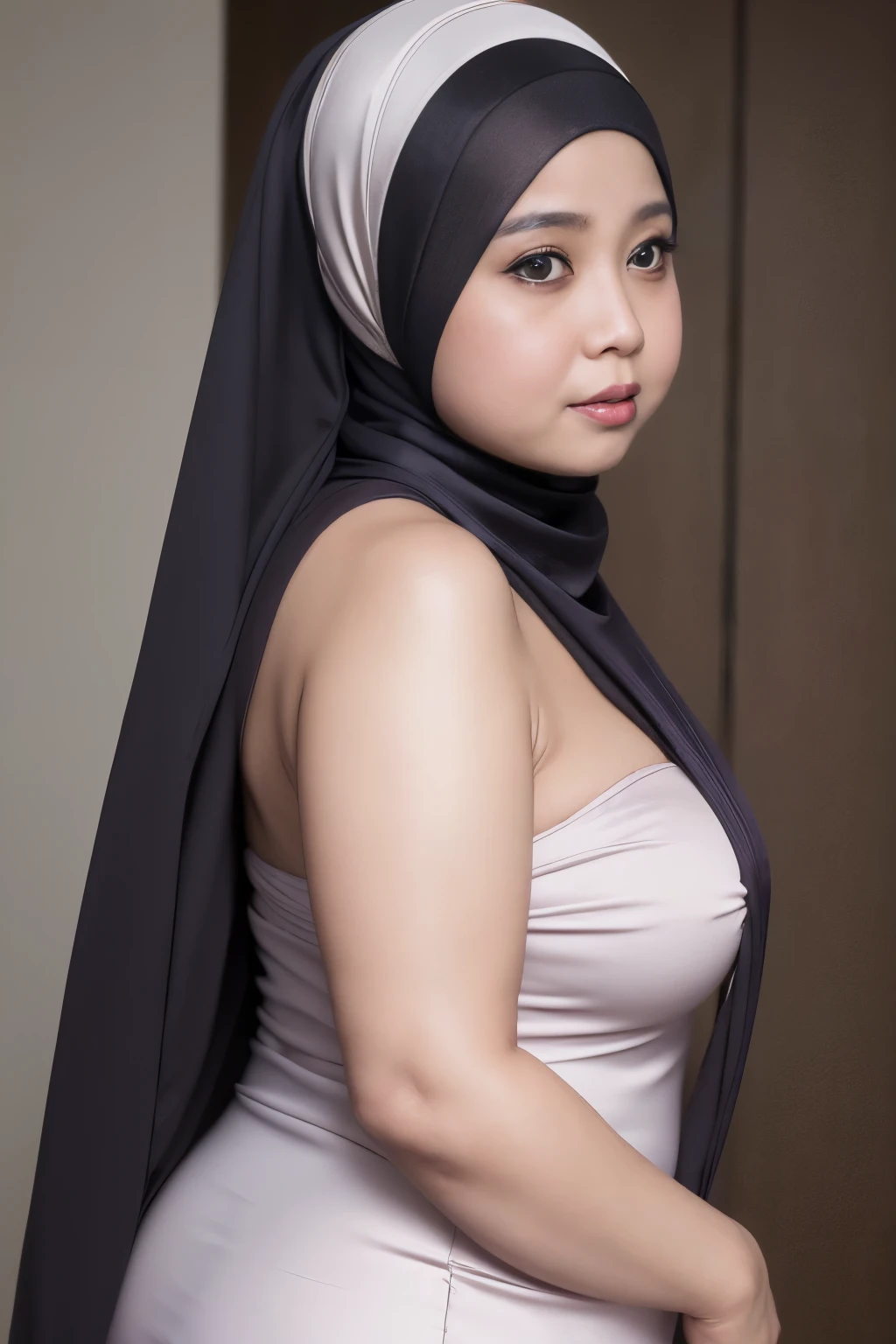 Bare shoulders with full breasts, cleavages,(( pink hijab)), (( no hair exposed ))