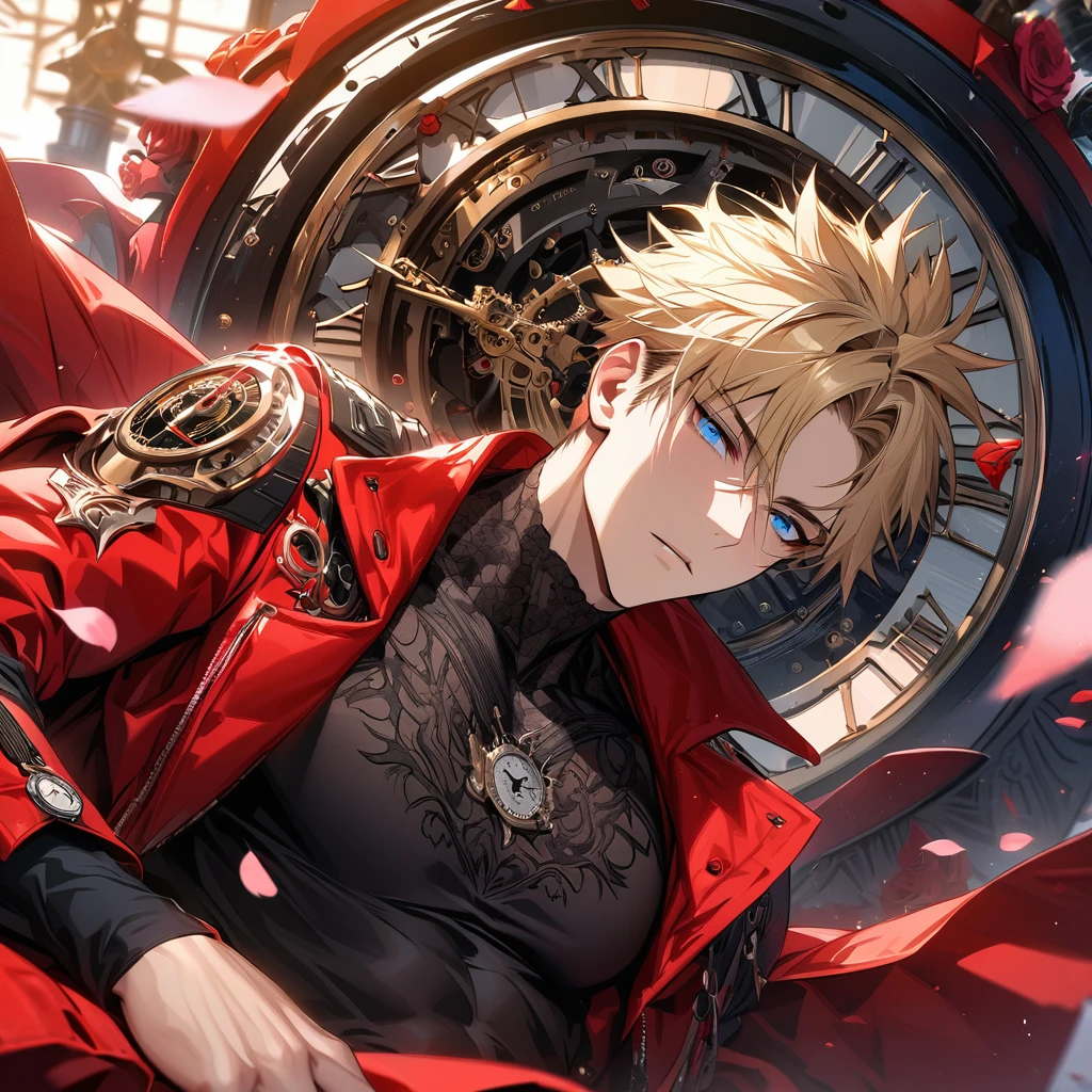 absurdres, highres, ultra detailed, HDR, masterpiece, extremely detailed face and eyes, perfect face, Vash Stampede, blond hair, expressive blue eyes, Trigun, solo, sexy man, handsome, red coat, tight black shirt, patterns, pink roses, petals, in woderland, clock