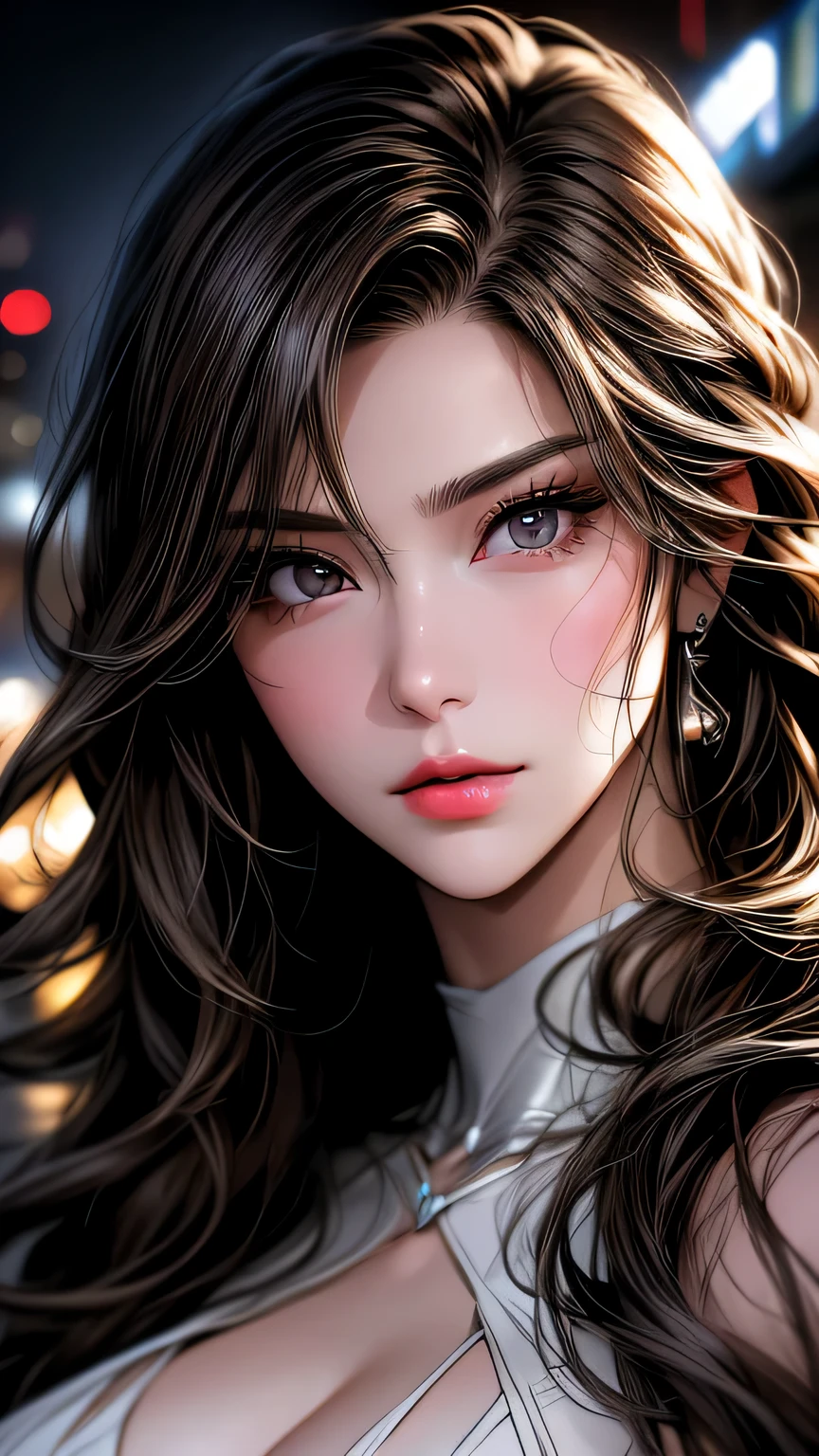 Photo of a 25 year old European woman posing, to be born, Beautiful woman, (super long wavy brown hair), ((Portraiture)), ((Familiar face:1.2)), ((Familiar facial features)), (finely Familiar skin), White skin, (White short dress), Cyberpunk metropolis environment, (Cool colors), Moist, Moist, masterpiece of reflection) (Perfect Proportions)(Realistic photos)(highest quality) (Familiar) , High resolution, (8k) (wallpaper) (Cinema Lighting) (Dramatic lighting) (Sharp focus) (Complex)、(((Face close-up)))