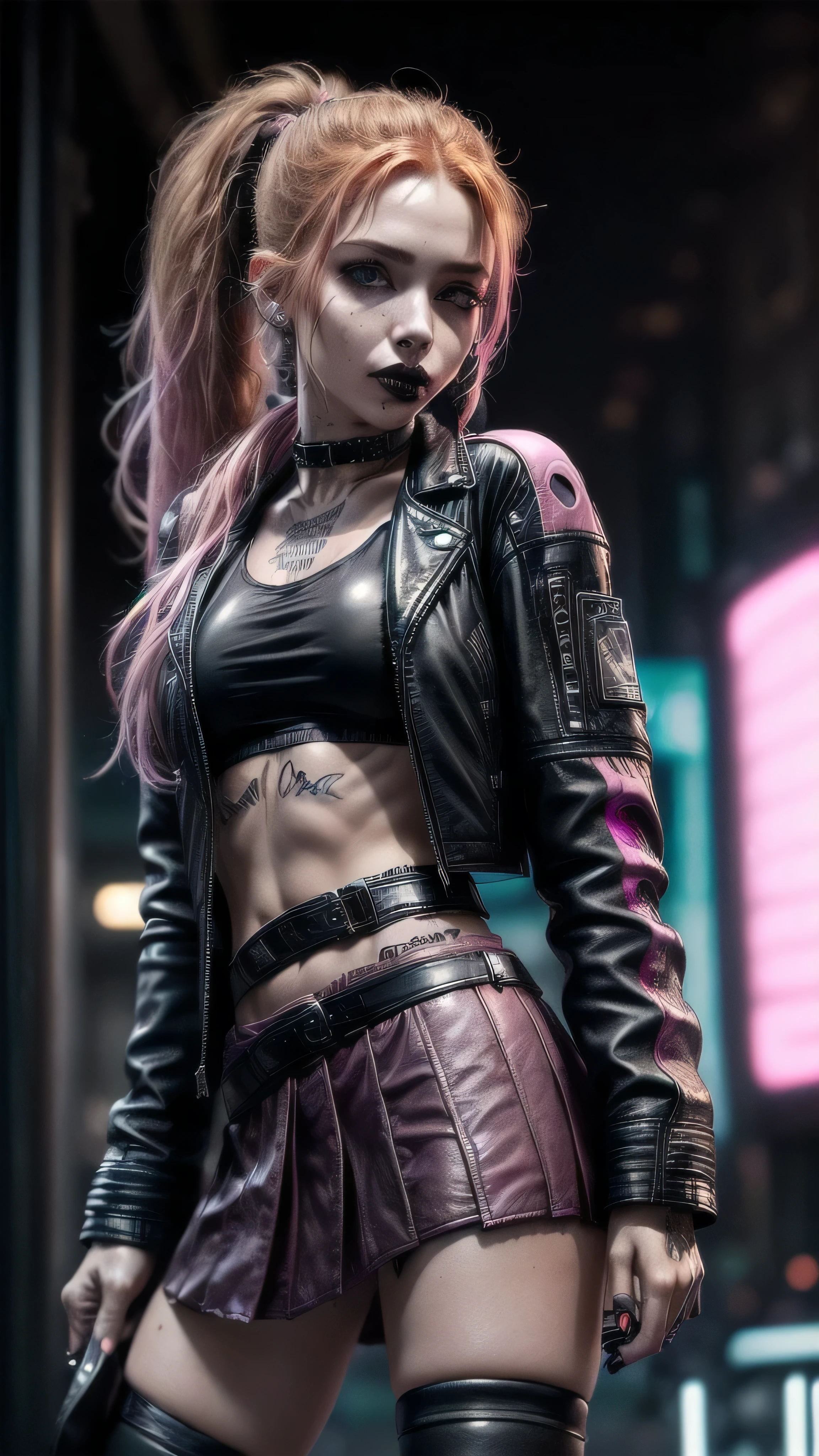 (masterpiece), (extremely intricate:1.3), (realistic), female, 19 years old, ((([small breasts:large breasts:0.8], long curly [blonde hair:bright ginger hair:0.5], ponytail, solo, 1girl, (aroused expression, black lipstick, (athletic, cyberpunk street))))), metal reflections, outdoor, intense sunlight, golden hour, professional photograph of a stunning girl detailed, sharp focus, dramatic, award winning, cinematic lighting, volumetrics dtx, (film grain, blurry background, blurry foreground, bokeh, depth of field, interaction), 8K, ((smirking, green eyes, ((dark eye makeup)))), (freckles: 0.9), (((body tattoo: 1.2))), ((fujicolor, god rays)) BREAK; BREAK (((((black leather jacket, short leather skirt, loose pink t-shirt), underboob)), hyperrealistic, absurdres))
