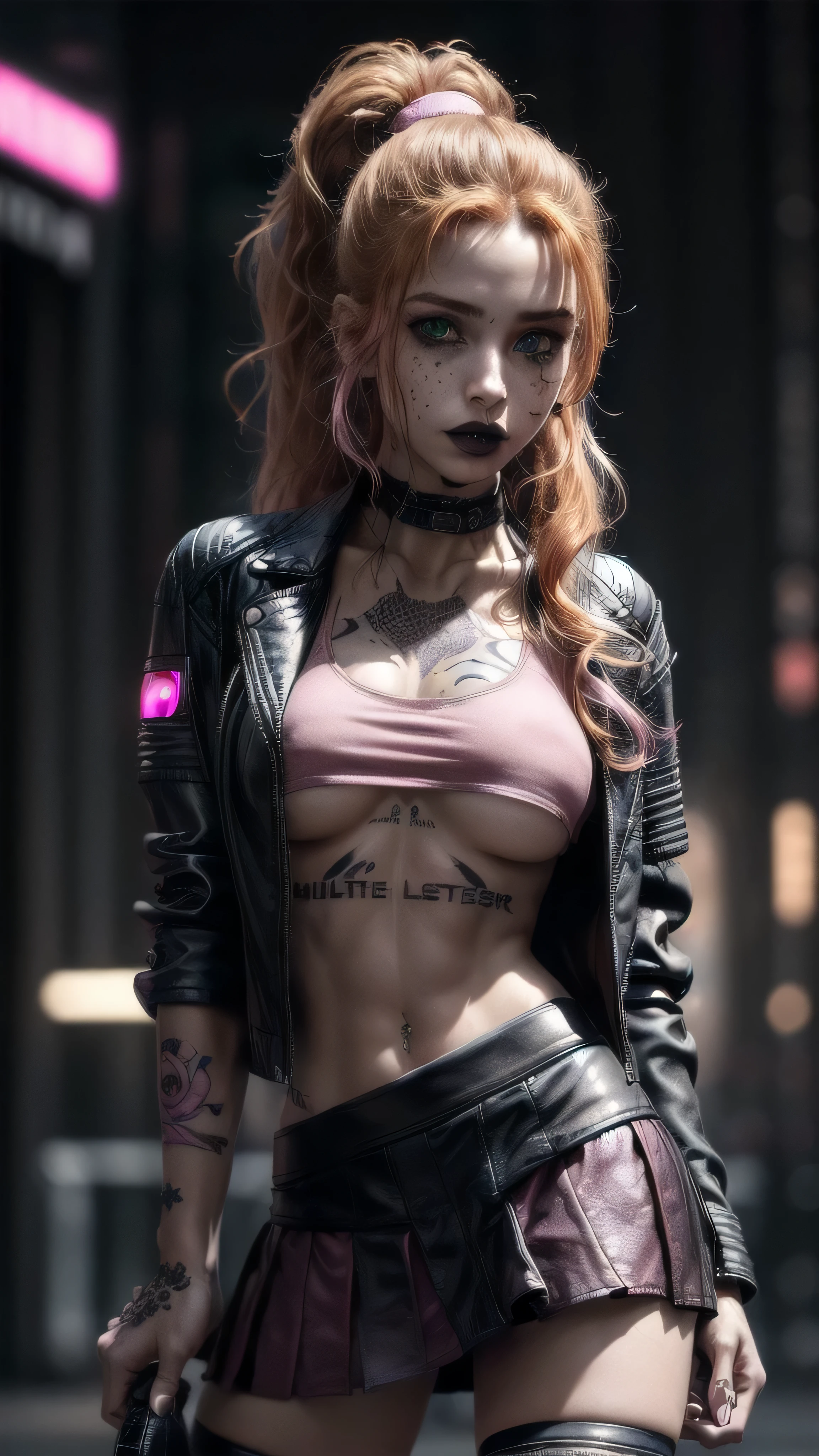 (masterpiece), (extremely intricate:1.3), (realistic), female, 19 years old, ((([small breasts:large breasts:0.8], long curly [blonde hair:bright ginger hair:0.5], ponytail, solo, 1girl, (aroused expression, black lipstick, (athletic, cyberpunk street))))), metal reflections, outdoor, intense sunlight, golden hour, professional photograph of a stunning girl detailed, sharp focus, dramatic, award winning, cinematic lighting, volumetrics dtx, (film grain, blurry background, blurry foreground, bokeh, depth of field, interaction), 8K, ((smirking, green eyes, ((dark eye makeup)))), (freckles: 0.9), (((body tattoo: 1.2))), ((fujicolor, god rays)) BREAK; BREAK (((((black leather jacket, short leather skirt, loose pink t-shirt), underboob)), hyperrealistic, absurdres))