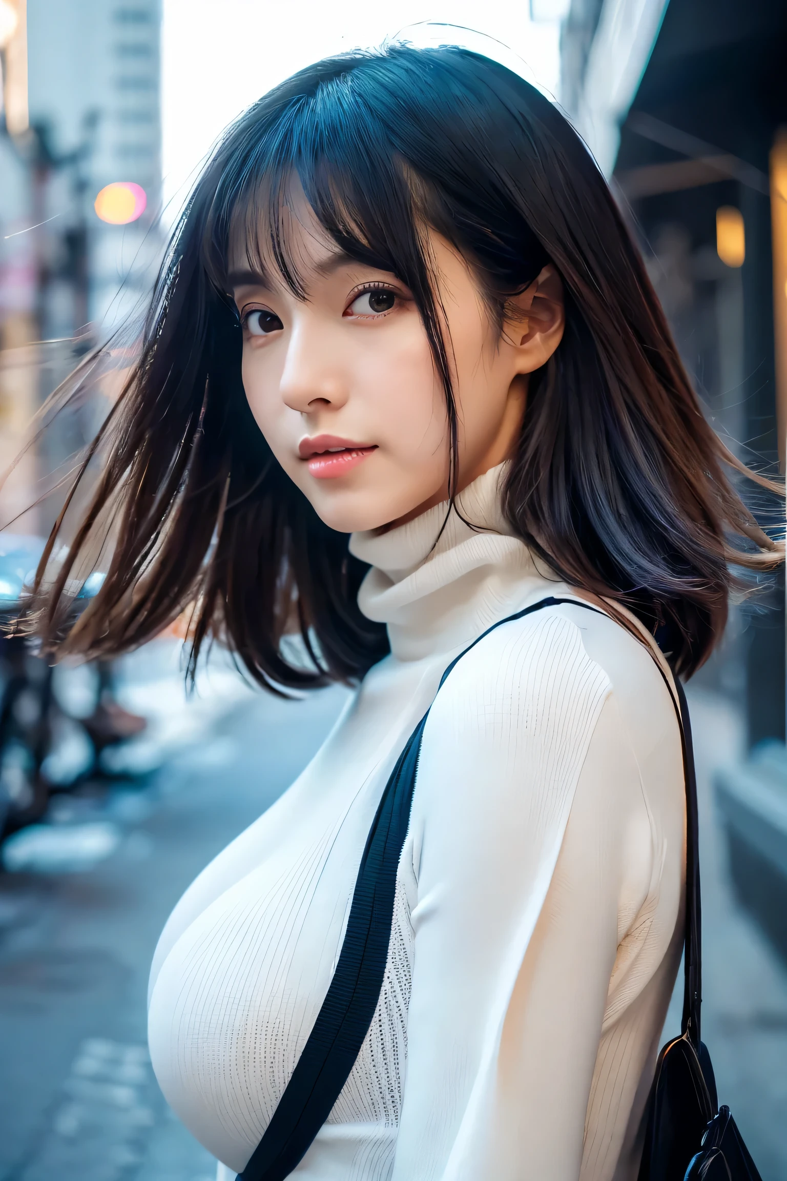 (Big Breasts、turtleneck knit、Shoulder bag)、(highest quality,masterpiece:1.3,Ultra-high resolution,),(Very detailed,Caustics),(Photorealistic:1.4,RAW shooting,)Ultra-Realistic Capture,Very detailed,High resolution 16K showing human skin、 Natural skin texture、、Skin tone is even and healthy looking、 Use natural light and color,One Woman,Japanese,,cute,Black-haired,Middle Hair,(Depth of written border、chromatic aberration、、Wide range of lighting、Natural Shading、)、(Hair swaying in the wind:1.2)、Tokyo cityscape