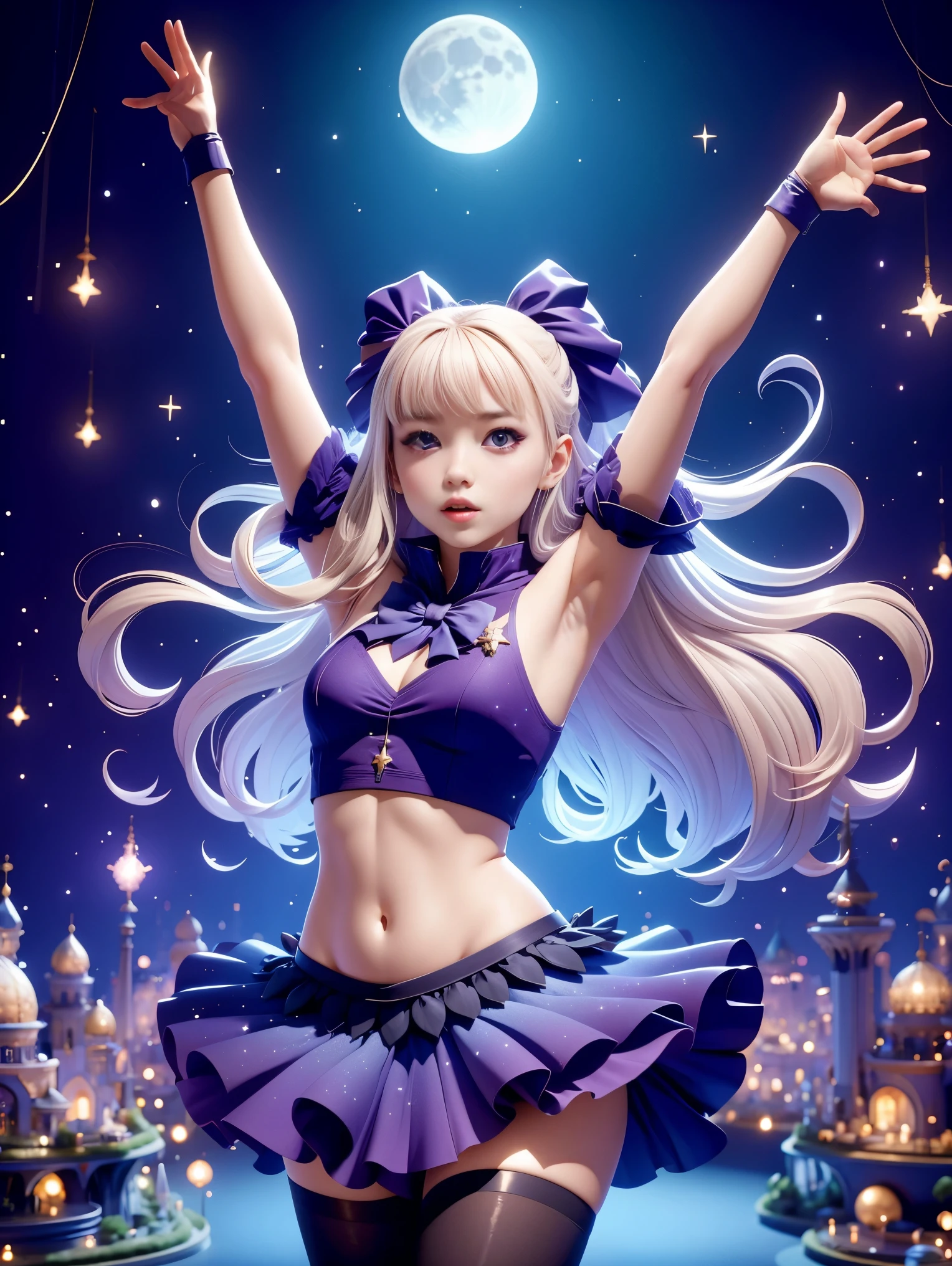 best quality, 1 Girl, Keda, Solitary,  Long hair,  skirt, Looking at the audience,  whole body, fanxing, star in skirt,Stars in hair,Pantyhose,moon on sky,Starry Sky,(Dynamic poses:1.3),(Dynamic angle:1.3),