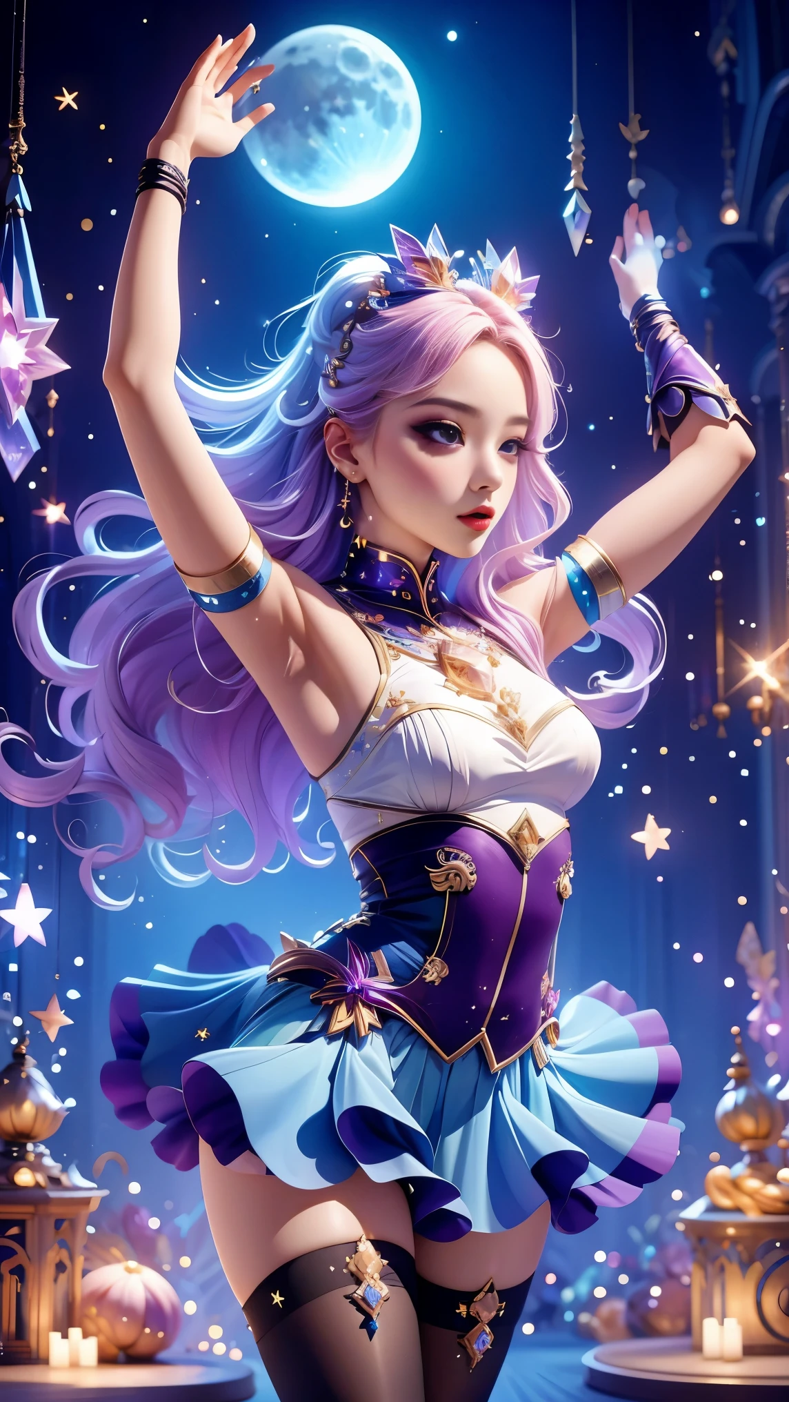 best quality, 1 Girl, Keda, Solitary,  Long hair,  skirt, Looking at the audience,  whole body, fanxing, star in skirt,Stars in hair,Pantyhose,moon on sky,Starry Sky,(Dynamic poses:1.3),(Dynamic angle:1.3),