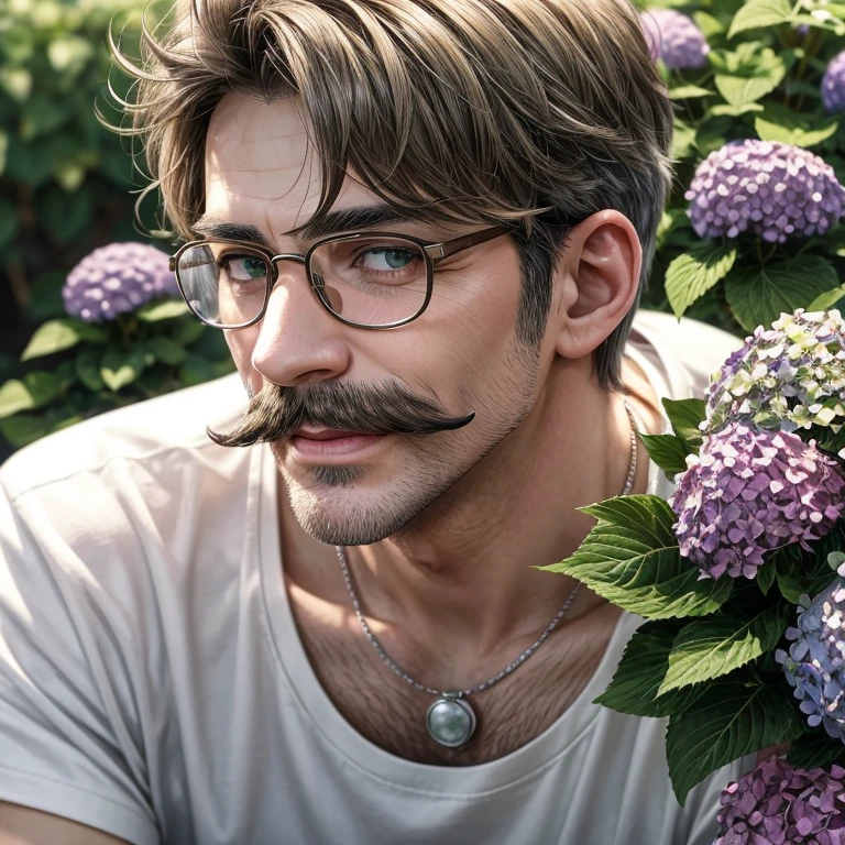 Masterpiece, best,  1male, mature man, man with mustache, glasses, tshirt,versity javket,silver necklace,smile,short hair cut, green pupils, hairpin, hydrangea, delicate face, face close-up.