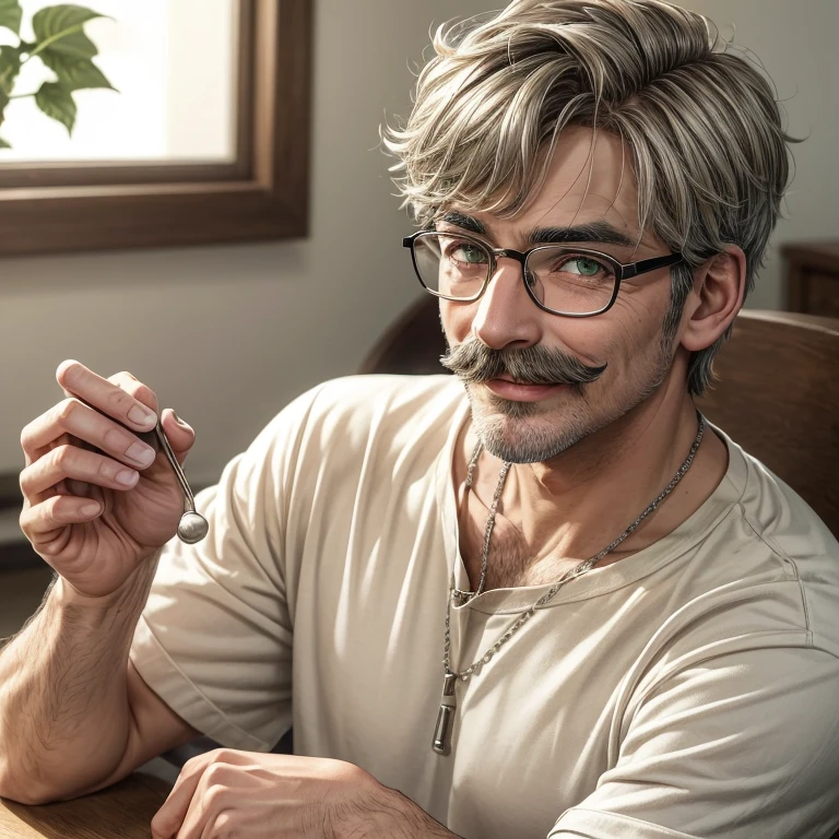 Masterpiece, best,  1male, mature man, man with mustache, glasses, tshirt,versity javket,silver necklace,smile,short hair cut, green pupils, hairpin, hydrangea, delicate face, face close-up.