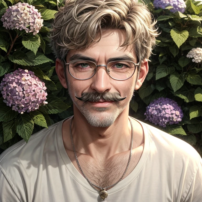Masterpiece, best, 1male, mature man, man with mustache, glasses, tshirt,versity javket,silver necklace,smile,short hair cut, green pupils, hairpin, hydrangea, delicate face, face close-up.