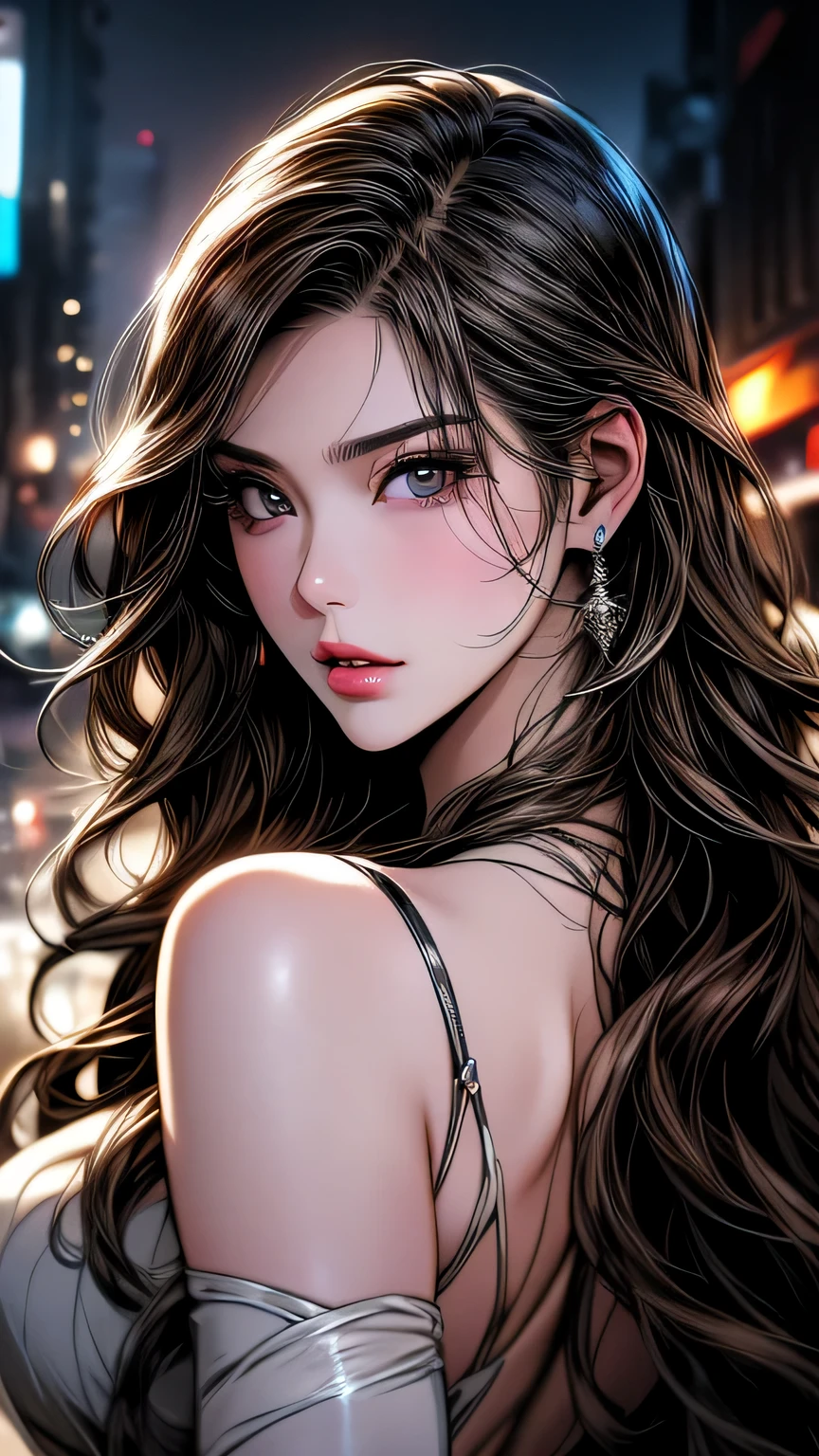 Photo of a 25 year old European woman posing, to be born, Beautiful woman, (super long wavy brown hair), ((Portraiture)), ((Familiar face:1.2)), ((Familiar facial features)), (finely Familiar skin), White skin, (White short dress), Cyberpunk metropolis environment, (Cool colors), Moist, Moist, masterpiece of reflection) (Perfect Proportions)(Realistic photos)(highest quality) (Familiar) , High resolution, (8k) (wallpaper) (Cinema Lighting) (Dramatic lighting) (Sharp focus) (Complex)、(((Face close-up)))