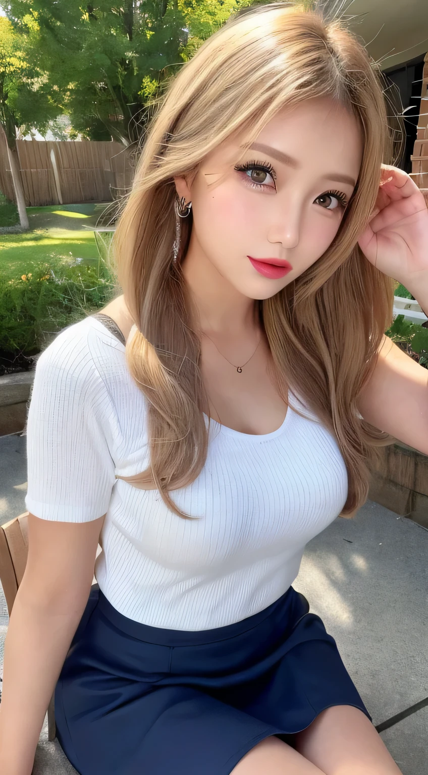 High resolution、blonde、(Beautiful nipples)、girl、mini skirt、Light Hair Color、Tanned hair、sexy、blonde、high school girl、Thin legs、Beautiful eyelashes、High resolution、Zoom out、20-year-old、Below the knee, Wide viewing angle、highest quality、An illustration、Very detailed、The finer details、High resolution、Dende 8K Wallpaper、Beautiful eyes in every detail、Random Cute Hairstyles、C cup breasts、Natural lip colour