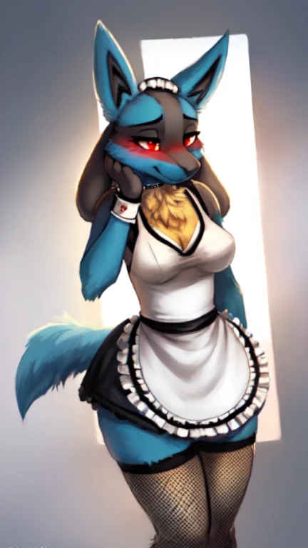 uploaded the e621, beautiful and detailed portrait of a female Lucario, kenket, Ross Tran,ruan jia, uploaded to e621, zaush, foxovh, zenematic lighting, Furry, Lucario, Anthro, Female, (half-closed eyes), (red eyes), (medium breasts, hips), (blue fur), (maid dress, Fishnet stockings, maid wristband), hands on face, blushing, (nervous)