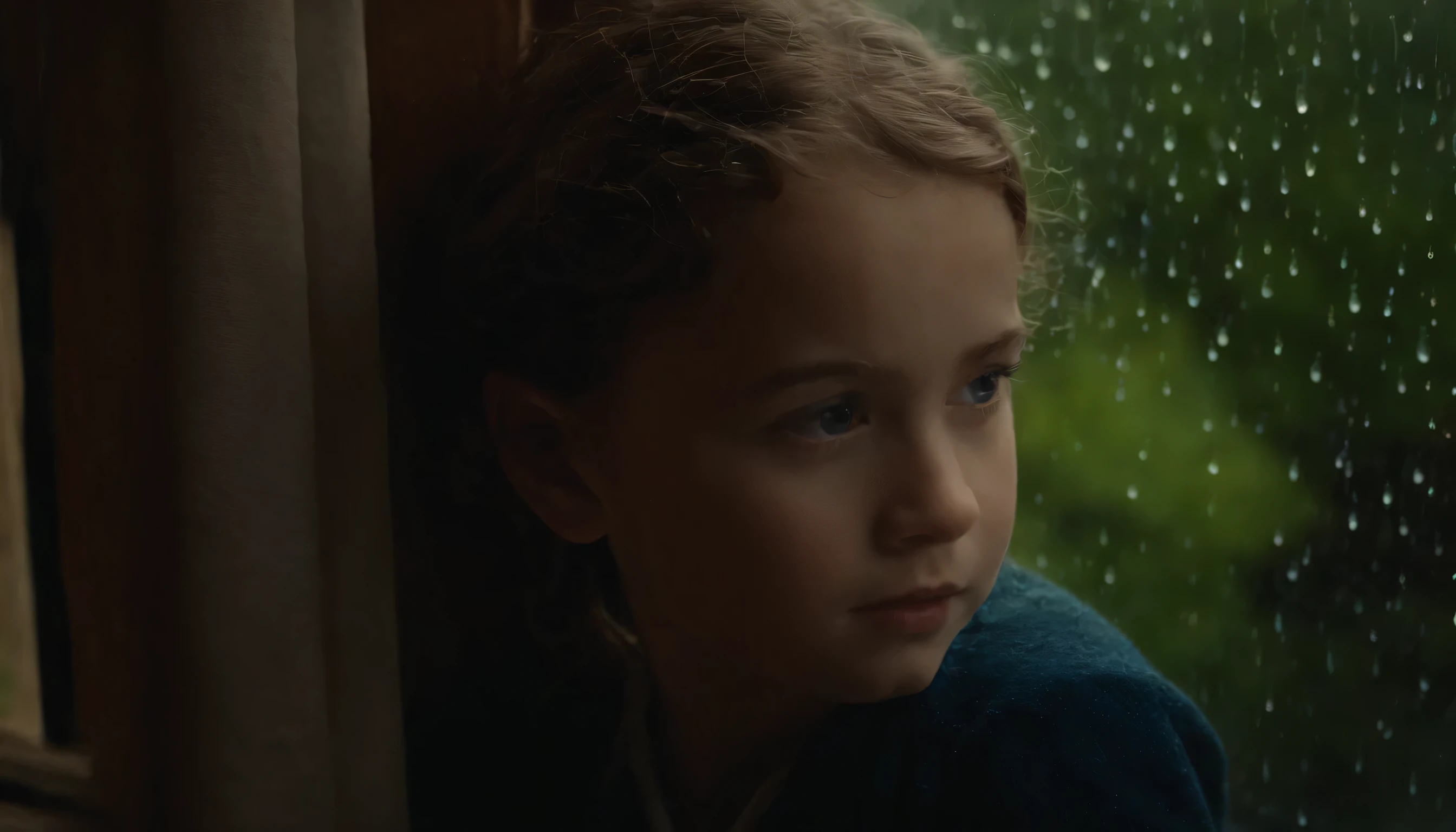 The image shows a close-up of a young  gazing out of a rain-drenched window. The 's face is illuminated with soft, natural light, highlighting their delicate features, particularly their thoughtful eyes and the hint of a subdued expression. The main colors are various shades of blue, creating a cool and introspective atmosphere. Raindrops are scattered across the window, adding texture and depth to the image. The childir appears slightly damp and tousled, suggesting they might have been out in the rain or near the window for some time. The expression on the child's face and their intense gaze suggest contemplation or longing, and the overall mood is calm and pensive.