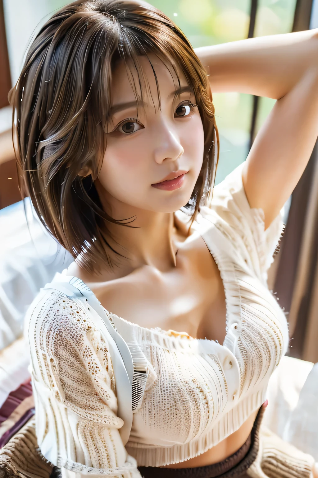 highest quality, Photorealistic, Very detailed, finely, High resolution, 8K Wallpaper, Professional, High level of detail, ((One 18 year old girl:1.2)), Slender Japanese women,cute lips, (Long eyelashes:1.2)、Detailed clavicle, Mid-chest、Perfect Face, (Cute short bob hair:1.5), Chestnut Hair、Cute face、(On the bed:1.2)、wearing knit sweater & miniskirt, (Flirtingly lifting her skirt to show her white panties:1.5)