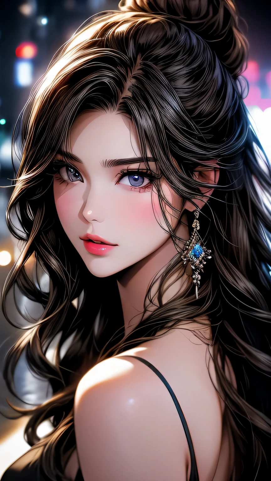 Photo of a 25 year old European woman posing, to be born, Beautiful woman, (super long wavy brown hair), ((Portraiture)), ((Familiar face:1.2)), ((Familiar facial features)), (finely Familiar skin), White skin, (White short dress), Cyberpunk metropolis environment, (Cool colors), Moist, Moist, masterpiece of reflection) (Perfect Proportions)(Realistic photos)(highest quality) (Familiar) , High resolution, (8k) (wallpaper) (Cinema Lighting) (Dramatic lighting) (Sharp focus) (Complex)､(((Face close-up)))