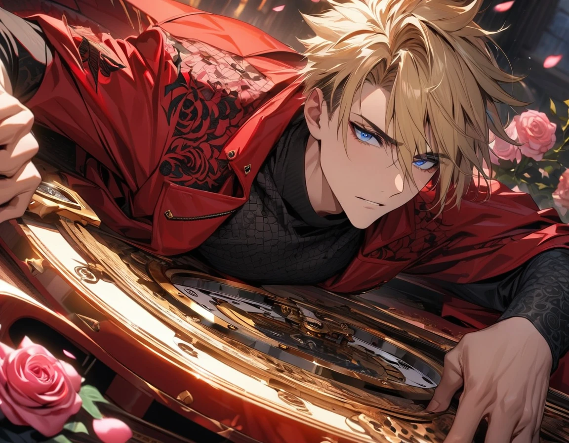 absurdres, highres, ultra detailed, HDR, masterpiece, extremely detailed face and eyes, perfect face, Vash Stampede, blond hair, expressive blue eyes, Trigun, solo, sexy man, handsome, red coat, tight black shirt, patterns, pink roses, petals, in woderland, clock