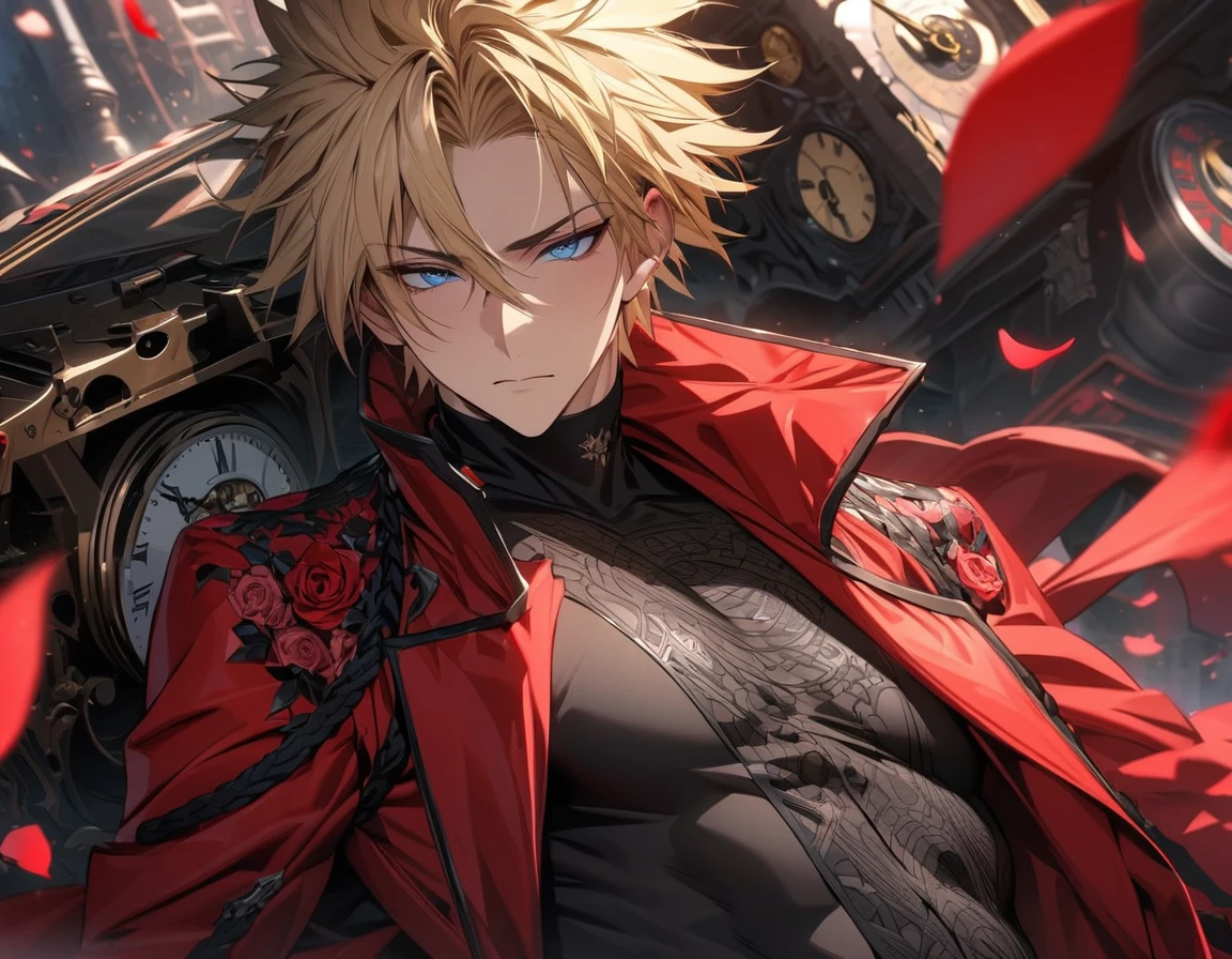 absurdres, highres, ultra detailed, HDR, masterpiece, extremely detailed face and eyes, perfect face, Vash Stampede, blond hair, expressive blue eyes, Trigun, solo, sexy man, handsome, red coat, tight black shirt, patterns, pink roses, petals, in woderland, clock