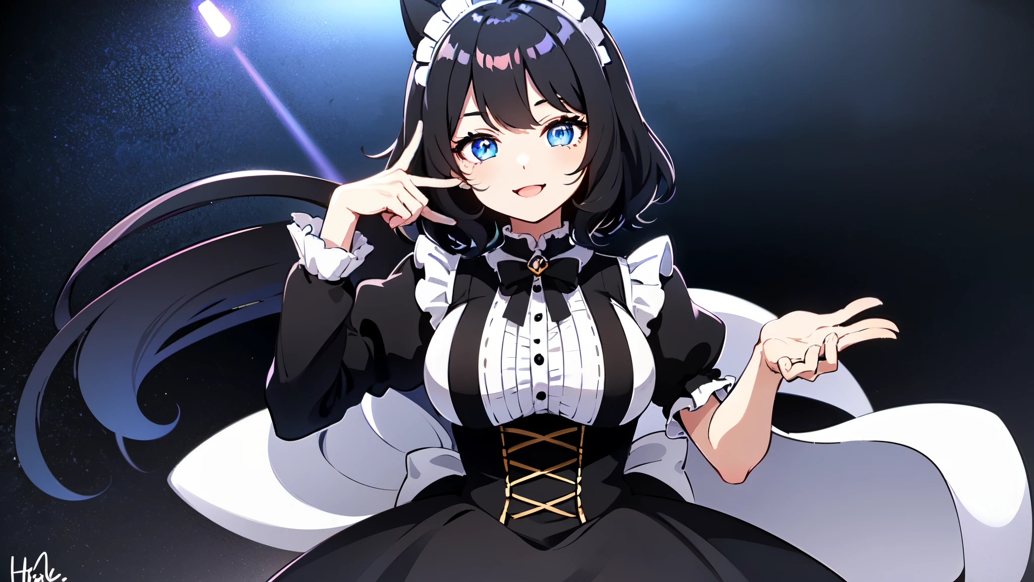 Watching the audience, One girl, Open your mouth, smile, Virtual YouTuber、With a girl、((highest quality, expensive_solve, Clear_image)),(Black Hair), (Black cat ears), (Ahoge), (((Ridiculously short hair))), (Wavy Hair), (blue eyes)、Very large breasts,Dressed in maid uniform、Draw a large face、Close-up