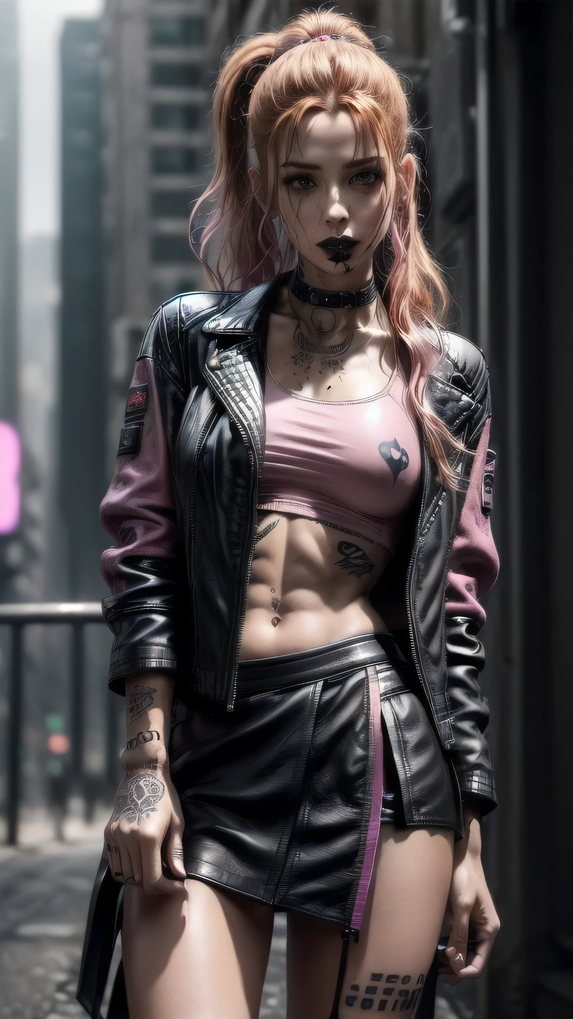 (masterpiece), (extremely intricate:1.3), (realistic), female, 19 years old, ((([small breasts:large breasts:0.8], long curly [blonde hair:bright ginger hair:0.5], ponytail, solo, 1girl, (aroused expression, black lipstick, (muscular, abdominals, cyberpunk street))))), metal reflections, outdoor, intense sunlight, golden hour, professional photograph of a stunning girl detailed, sharp focus, dramatic, award winning, cinematic lighting, volumetrics dtx, (film grain, blurry background, blurry foreground, bokeh, depth of field, interaction), 8K, ((smirking, green eyes, (dark eye makeup))), (freckles: 0.9), (((body tattoo: 1.2))), ((fujicolor, god rays)) BREAK; BREAK (((((black leather jacket, short leather skirt, loose pink t-shirt), underboob)), hyperrealistic, absurdres))