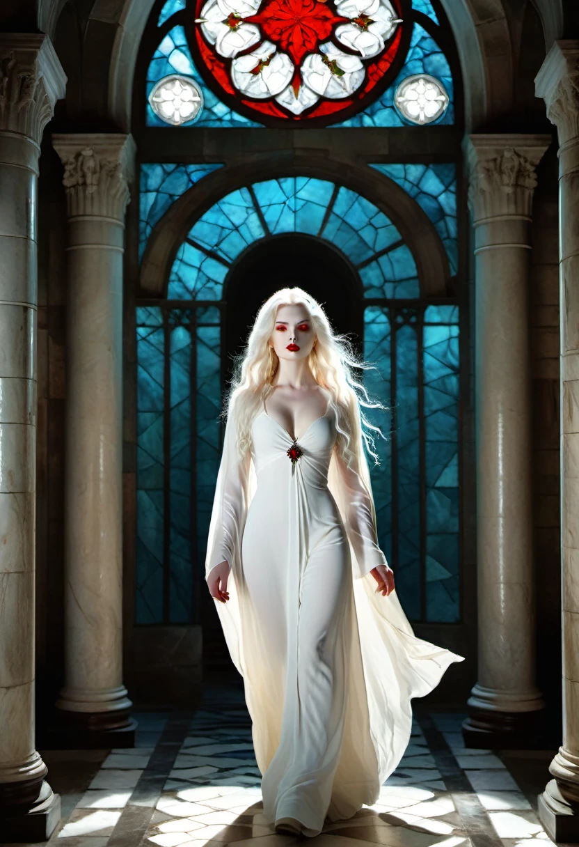 Lucy Wetenra, character from the book Dracula by Bram Stoker, beautiful and sensual, completely naked, with completely white and pale skin, red eyes, with very long, wavy white hair, walking through the gallery of an ancient mausoleum full of stained glass , painted in the style of a Renaissance painting.