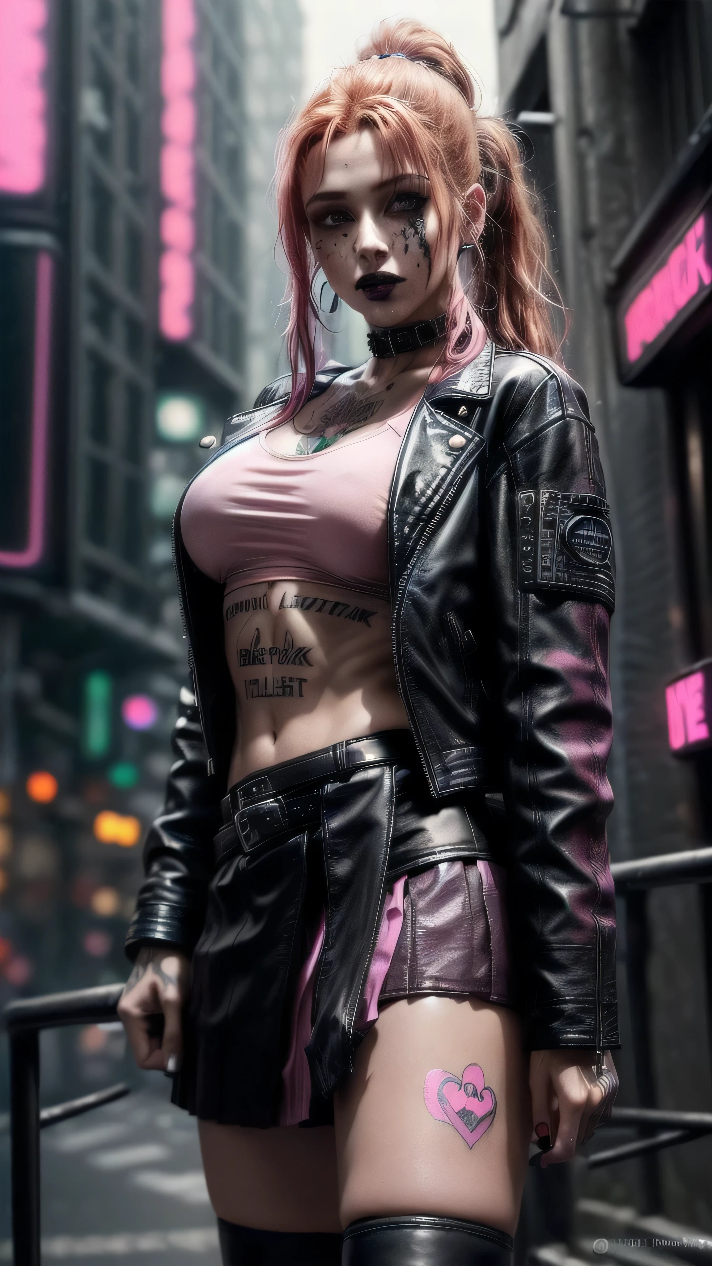 (masterpiece), (extremely intricate:1.3), (realistic), female, 19 years old, ((([small breasts:large breasts:0.8], long curly [blonde hair:bright ginger hair:0.5], ponytail, solo, 1girl, (aroused expression, black lipstick, (muscular, abdominals, cyberpunk street))))), metal reflections, outdoor, intense sunlight, golden hour, professional photograph of a stunning girl detailed, sharp focus, dramatic, award winning, cinematic lighting, volumetrics dtx, (film grain, blurry background, blurry foreground, bokeh, depth of field, interaction), 8K, ((smirking, green eyes, (dark eye makeup))), (freckles: 0.9), (((body tattoo: 1.2))), ((fujicolor, god rays)) BREAK; BREAK (((((black leather jacket, short leather skirt, loose pink t-shirt), underboob)), hyperrealistic, absurdres))