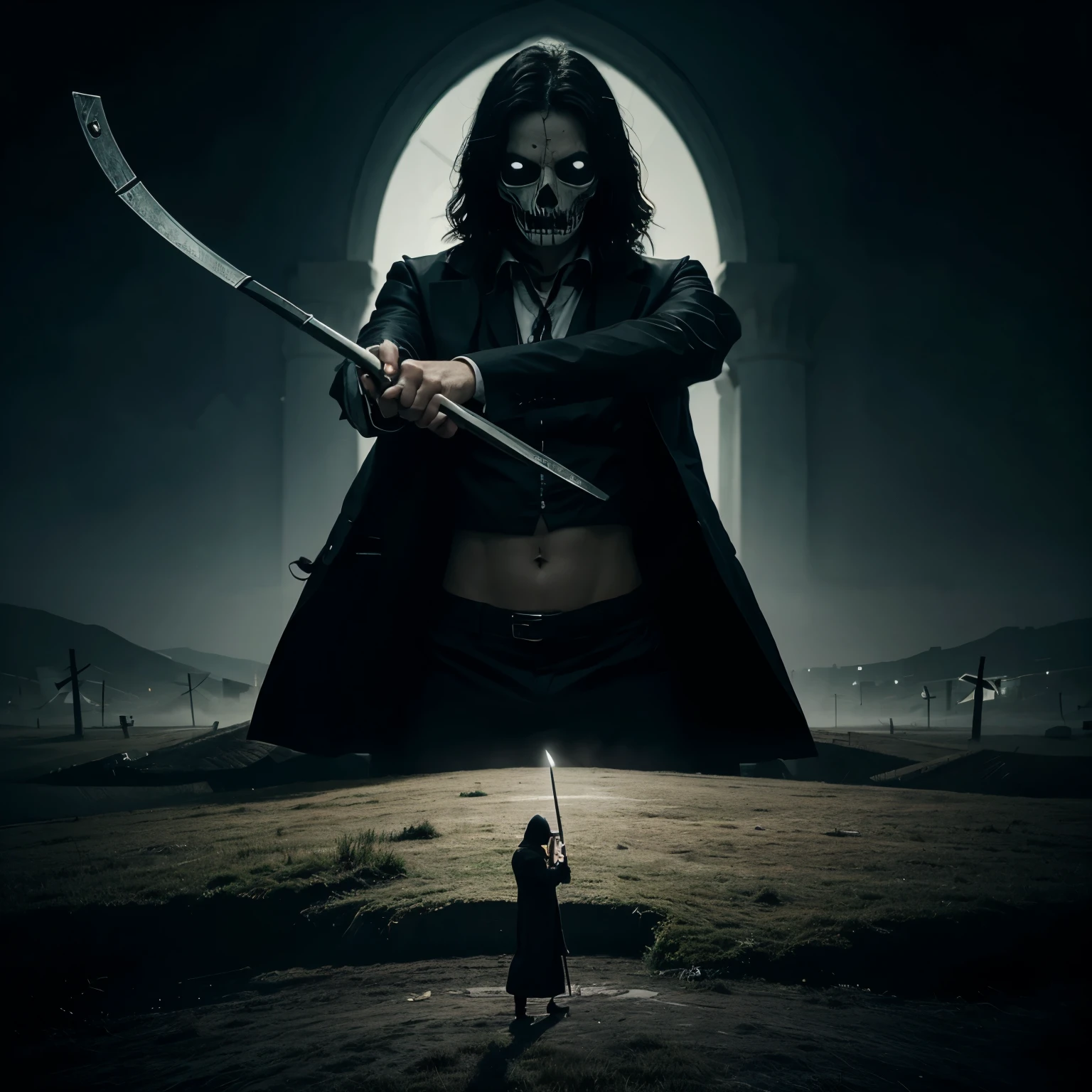 Create an illustration of a doctor playing death with his scythe 