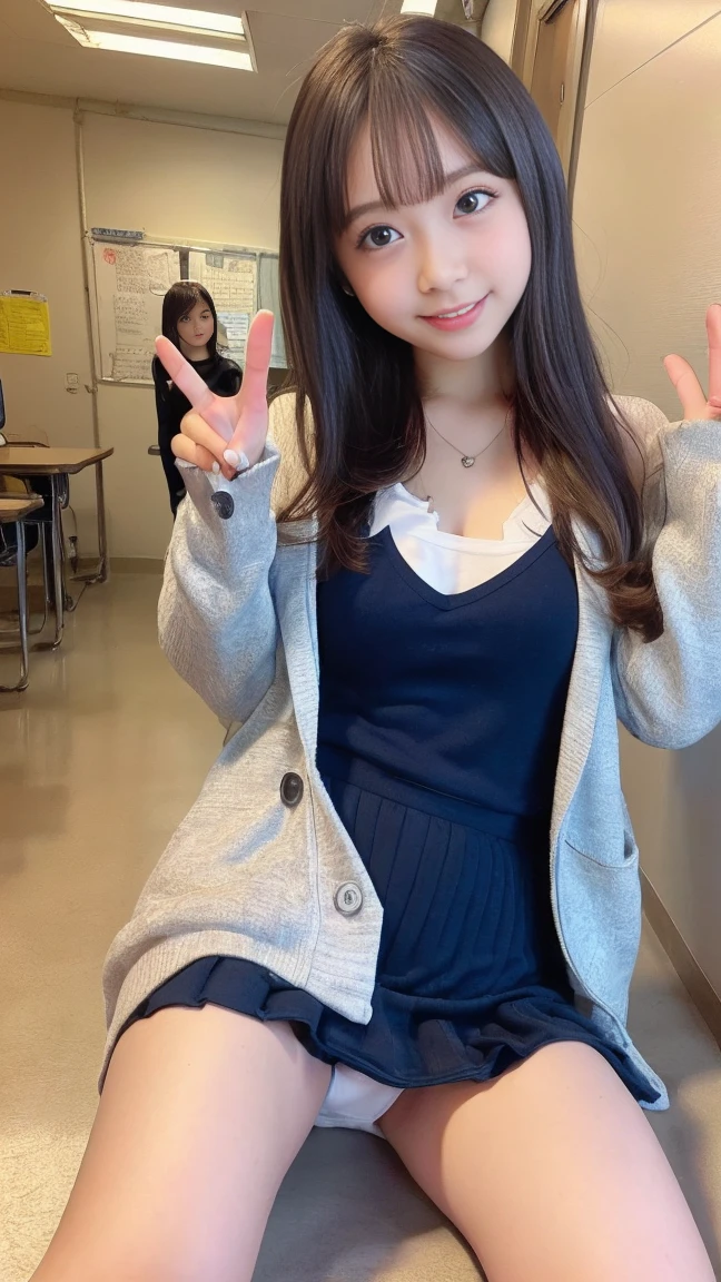 (masterpiece, highest quality:1.2), 8k, Young and beautiful gal girl, 85mm,Official AR RAW Photos, 、Big tits in clothes、Show me your ears、photo shoot, Cute face, Thighs, After school classes, Looking at the audience, Embarrassing、smile、No makeup, Film Grain, chromatic aberration, Sharp focus, Face Light, Bright lighting, 10 generations, Detailed face, Background blur、((((((16-year-o hichoolrl))))))、Narrow waist、Sailor suit、cardigan、Navy blue mini skirt、Lift up your skirt with your hands、White tiny panties、bra、Spread your legs