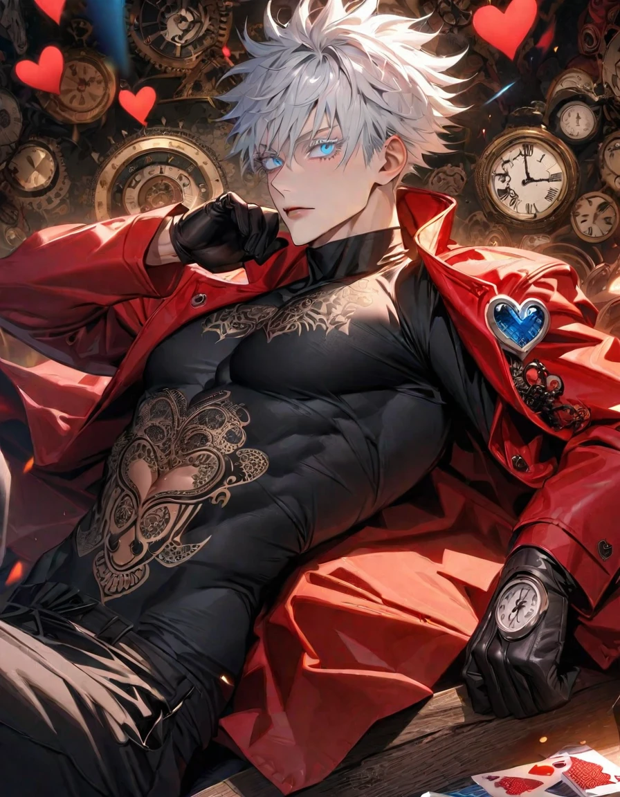 Ultra detailed, highres, absurdres, HDR, Gojou Satoru, white hair with bangs, blue eyes, white eyelashes, Jujutsu Kaisen, red long coat, black tight shirt with patterns, clock, gear, in wonderland, heart cards, sexy man, solo, handsome, very detailed face and eyes, toned chest, black pants, black gloves,