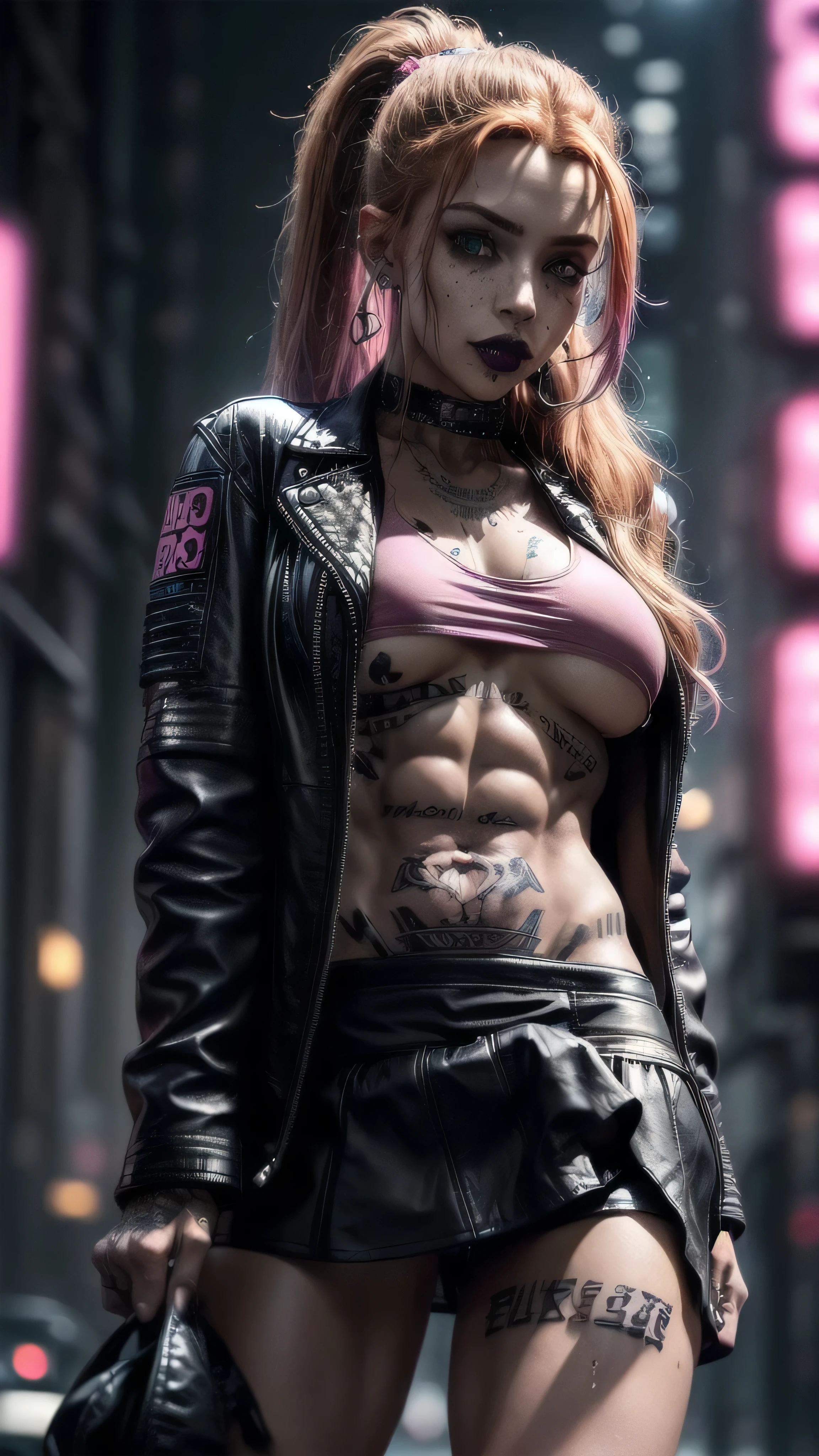 (masterpiece), (extremely intricate:1.3), (realistic), female, 19 years old, ((([small breasts:large breasts:0.8], long curly [blonde hair:bright ginger hair:0.5], ponytail, solo, 1girl, (aroused expression, black lipstick, (bodybuilder, abdominals, cyberpunk street))))), metal reflections, outdoor, intense sunlight, golden hour, professional photograph of a stunning girl detailed, sharp focus, dramatic, award winning, cinematic lighting, volumetrics dtx, (film grain, blurry background, blurry foreground, bokeh, depth of field, interaction), 8K, ((smirking, green eyes, (dark eye makeup))), (freckles: 0.9), (((body tattoo: 1.2))), ((fujicolor, god rays)) BREAK; BREAK (((((black leather jacket, short leather skirt, loose pink t-shirt), underboob)), hyperrealistic, absurdres))