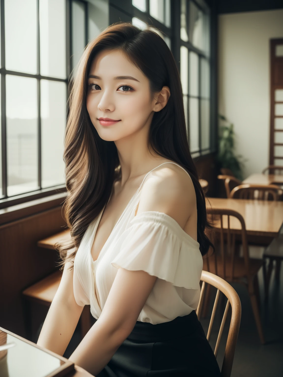 ((best quality, 8K, masterpiece: 1.3)), beautiful woman, pure, melon face, kind and cute, sweet smile, pure desire, slender body, (((Random body direction))), (tilted head), ((looking at camera)), pure desire, wearing a random color short blouse with skirt, black silky long hair, long flowing shoulders, round black big eyes, clear big eyes, moist red lips, sweet, sitting in a lounge, Cafe room with a calm atmosphere background, 28 years old, ((chest to head shot)),