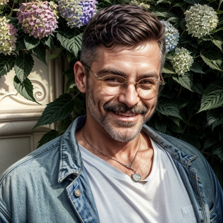 Masterpiece, best, 1male, mature man, man with mustache, glasses, tshirt,versity jacket,silver necklace,smile,buzzcut, green pupils, hairpin, hydrangea, delicate face, face close-up.