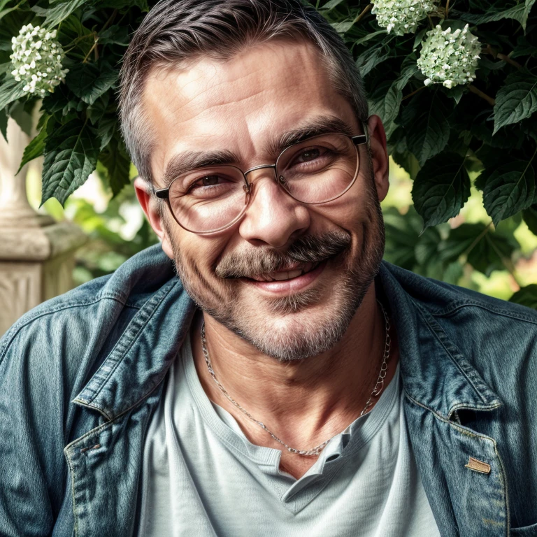 Masterpiece, best, 1male, mature man, man with mustache, glasses, tshirt,versity jacket,silver necklace,smile,buzzcut, green pupils, hairpin, hydrangea, delicate face, face close-up.