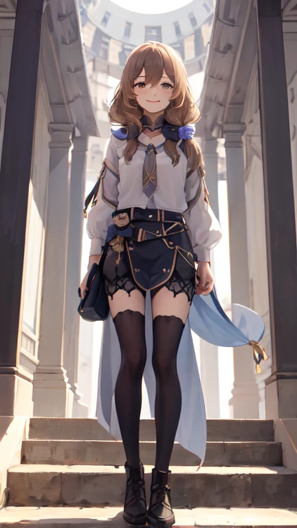 masterpiece, 1girl, sparrow, a blonde haired girl, wearing a brown viking clothes, curly medium hair, messy hair, slim body, wearing furry capelet with hoody, he close her left eye, shirt ornament, aqua eyes, sho show her back, ahoge, red vest, baby face, big breast, beautiful breasts, rounded breasts, braid hair, long sleeves, beautiful eyes, white stocking, droopy eyes, her age is 19 years old, smile, ancient viking 