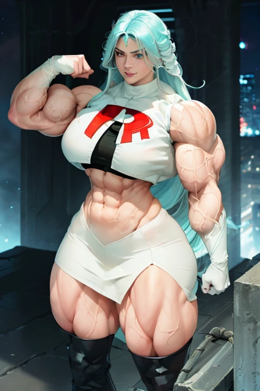 (((((Massive tall, beautiful, buff, pale white muscular goddess woman with cyan hair, ginormous bulky muscles and wearing a sleeveless team rocket uniform with skirt))))), close view, (massive muscles), massive biceps, hyper muscle shoulders, (ginormous muscular arms), vascular shoulders, hyper muscle triceps, (beachy long hair), purple eyes, choker, black thigh high boots, (on the rooftop), confident smile, night, hyper vascular arm, hyper muscles arms, hyper muscle legs, (ginormous arms).