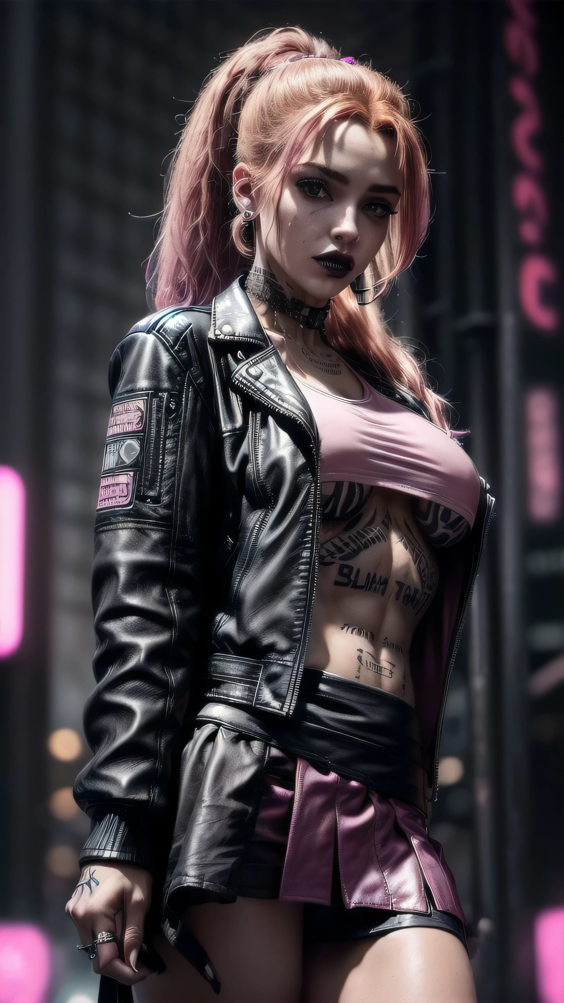 (masterpiece), (extremely intricate:1.3), (realistic), female, 19 years old, ((([small breasts:large breasts:0.8], long curly [blonde hair:bright ginger hair:0.5], ponytail, solo, 1girl, (aroused expression, black lipstick, (bodybuilder, abdominals, cyberpunk street))))), metal reflections, outdoor, intense sunlight, golden hour, professional photograph of a stunning girl detailed, sharp focus, dramatic, award winning, cinematic lighting, volumetrics dtx, (film grain, blurry background, blurry foreground, bokeh, depth of field, interaction), 8K, ((smirking, green eyes, (dark eye makeup))), (freckles: 0.9), (((body tattoo: 1.2))), ((fujicolor, god rays)) BREAK; BREAK (((((black leather jacket, short leather skirt, loose pink t-shirt), underboob)), hyperrealistic, absurdres))