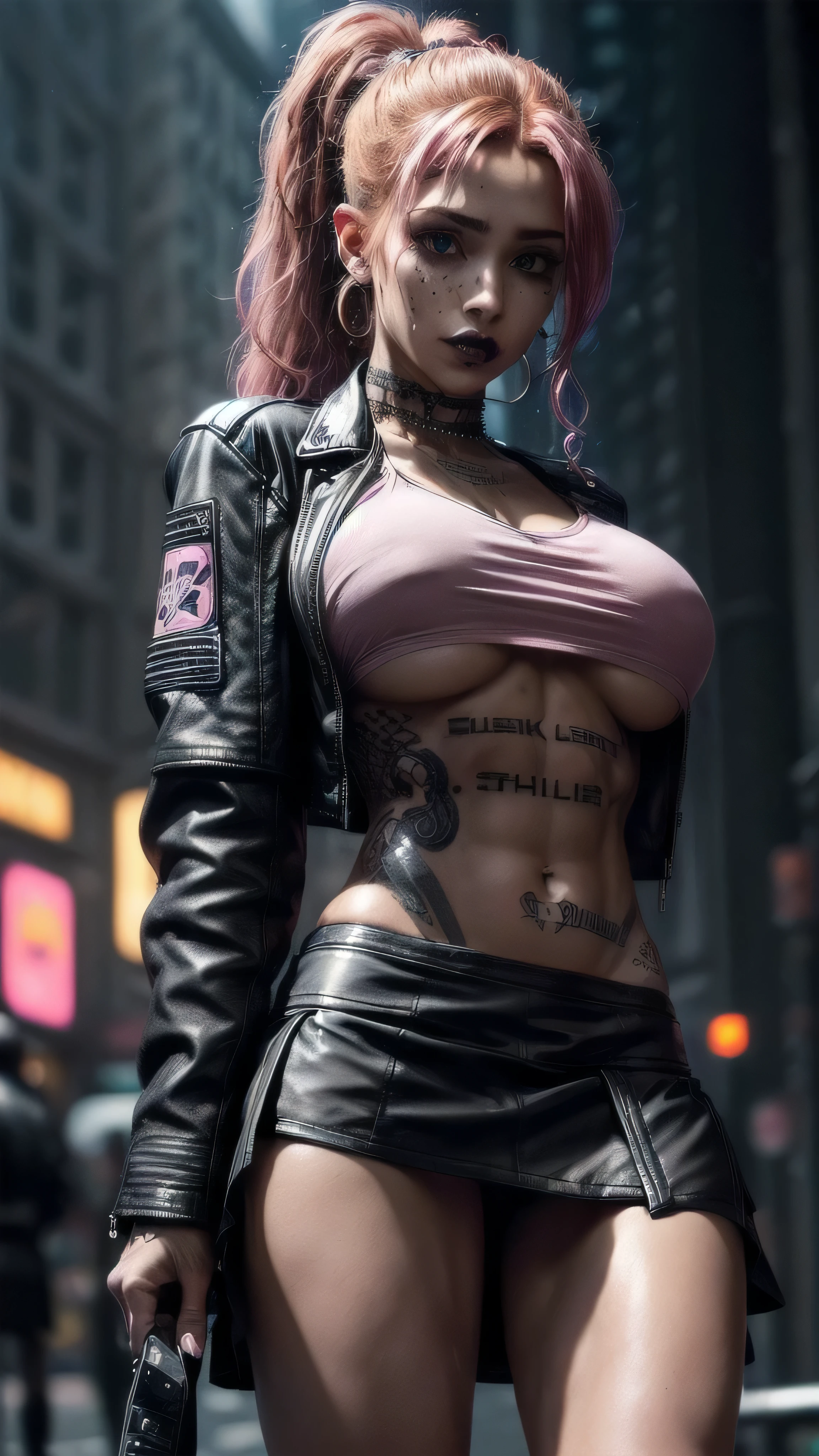(masterpiece), (extremely intricate:1.3), (realistic), female, 19 years old, ((([small breasts:large breasts:0.8], long curly [blonde hair:bright ginger hair:0.5], ponytail, solo, 1girl, (aroused expression, black lipstick, (bodybuilder, abdominals, cyberpunk street))))), metal reflections, outdoor, intense sunlight, golden hour, professional photograph of a stunning girl detailed, sharp focus, dramatic, award winning, cinematic lighting, volumetrics dtx, (film grain, blurry background, blurry foreground, bokeh, depth of field, interaction), 8K, ((smirking, green eyes, (dark eye makeup))), (freckles: 0.9), (((body tattoo: 1.2))), ((fujicolor, god rays)) BREAK; BREAK (((((black leather jacket, short leather skirt, loose pink t-shirt), underboob)), hyperrealistic, absurdres))