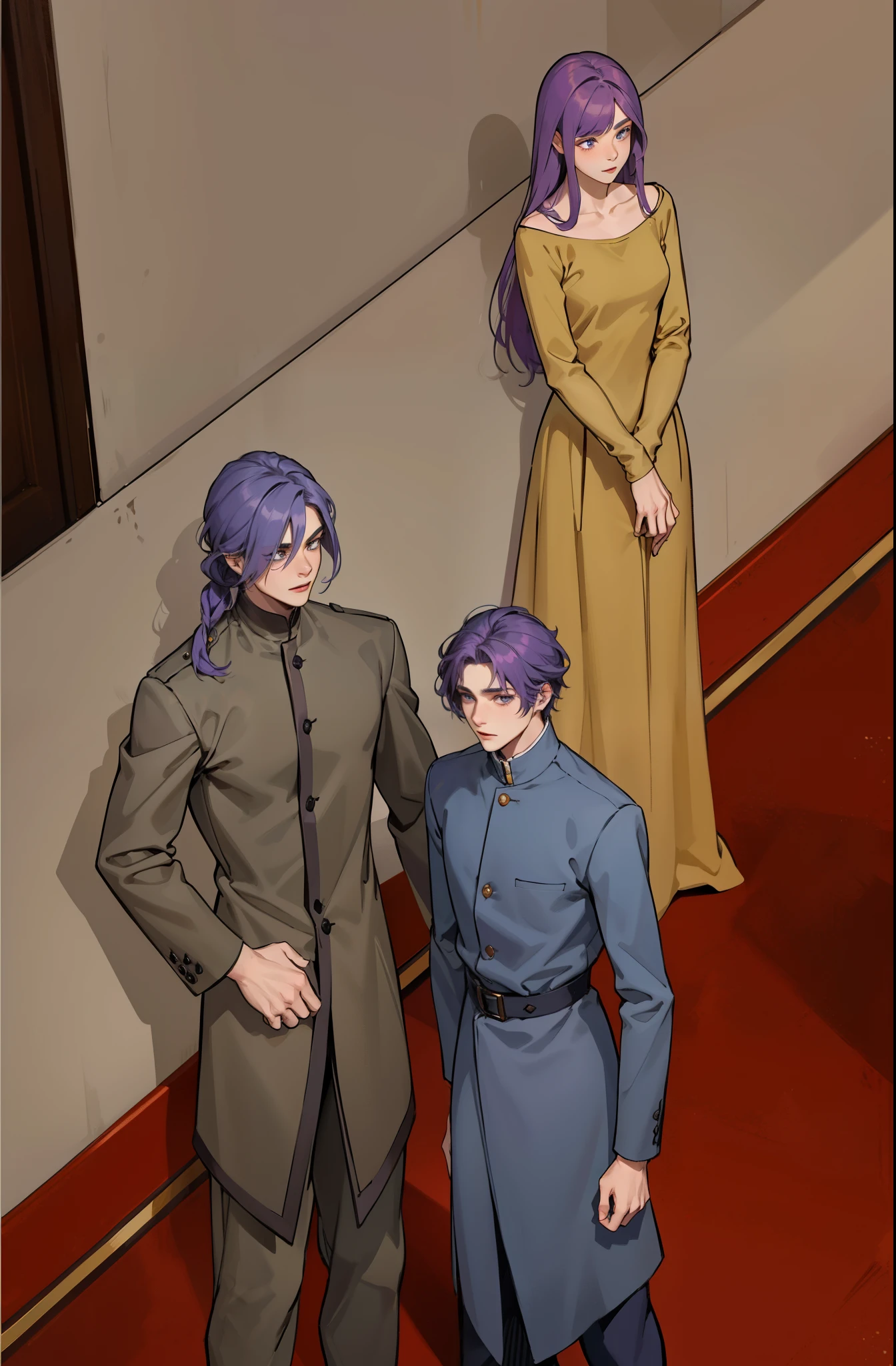 There are two men and a woman in a palace, teens with purple hair, they are 16 years old.