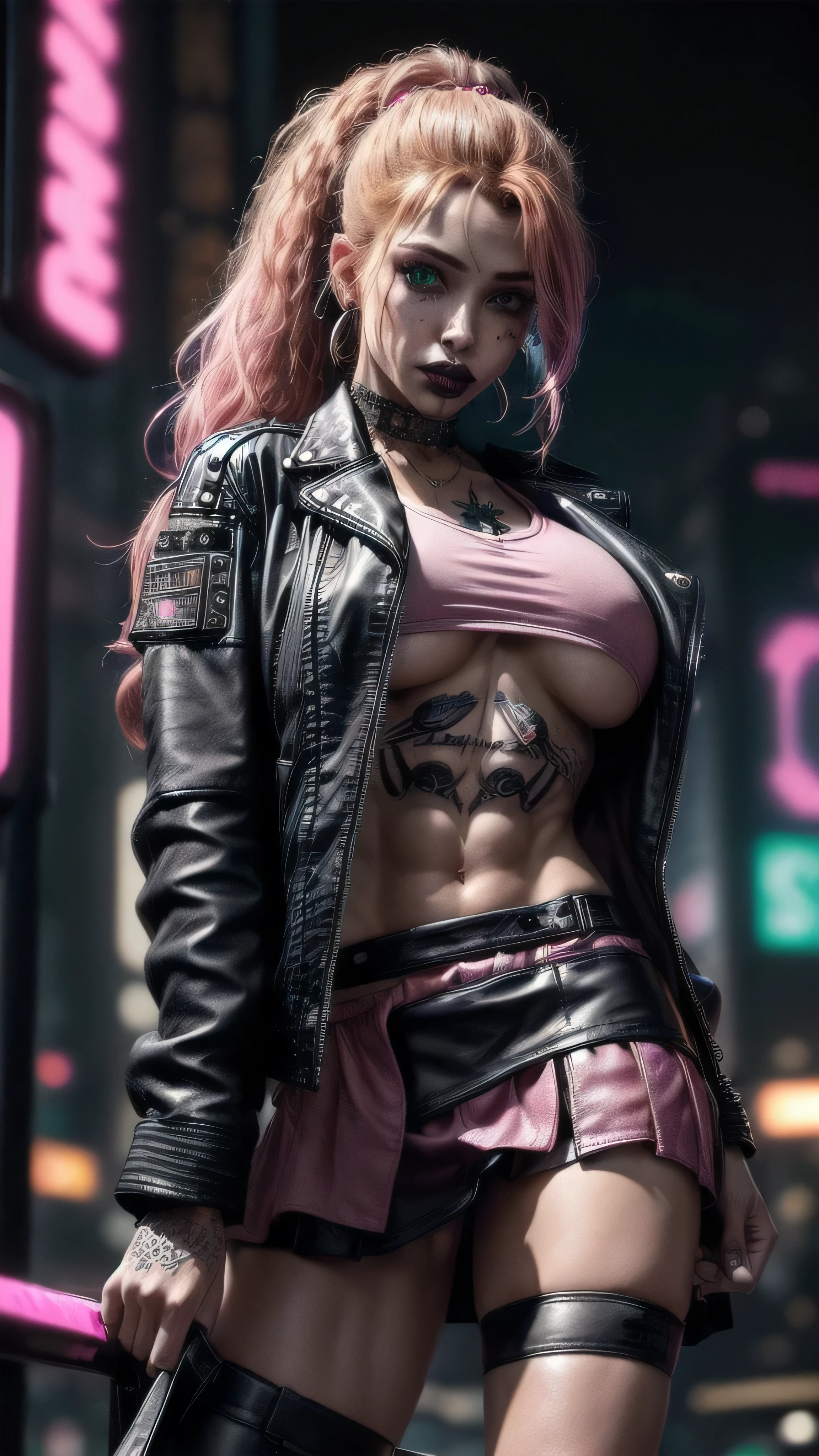 (masterpiece), (extremely intricate:1.3), (realistic), female, 19 years old, ((([small breasts:large breasts:0.8], long curly [blonde hair:bright ginger hair:0.5], ponytail, solo, 1girl, (aroused expression, black lipstick, (bodybuilder, abdominals, cyberpunk street))))), metal reflections, outdoor, intense sunlight, golden hour, professional photograph of a stunning girl detailed, sharp focus, dramatic, award winning, cinematic lighting, volumetrics dtx, (film grain, blurry background, blurry foreground, bokeh, depth of field, interaction), 8K, ((smirking, green eyes, (dark eye makeup))), (freckles: 0.9), (((body tattoo: 1.2))), ((fujicolor, god rays)) BREAK; BREAK (((((black leather jacket, short leather skirt, loose pink t-shirt), underboob)), hyperrealistic, absurdres))