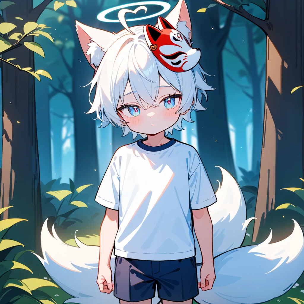 （masterpiece：1.2，high quality），8K，High resolution，A -year-boy，c boy，white hair，short hair，light blue eyes，heart ahoge，cat ears，expressionless eyes，Halo，Wearing a fox mask on the head，wears a white short sleeved T-shirt，Dark blue shorts，Stand in the forest，There are flowering trees on both sides.，primary scho，fox tail