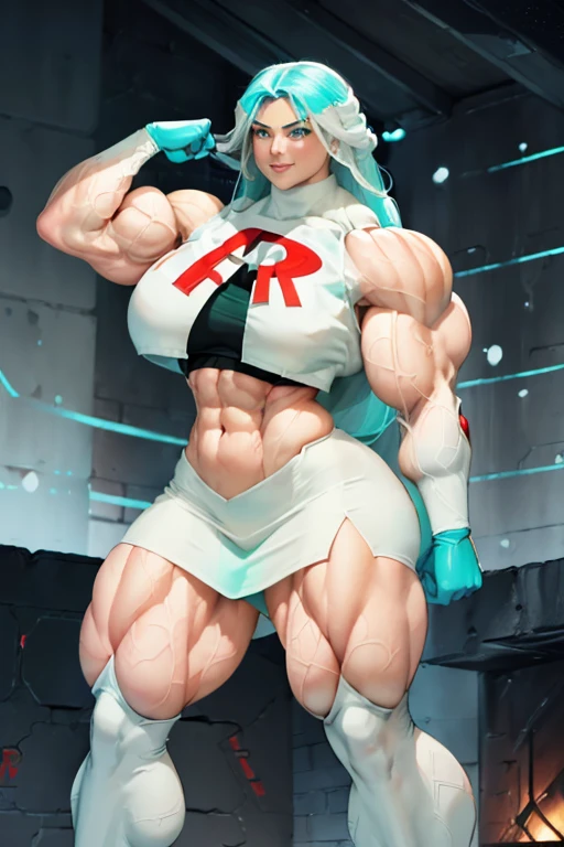 (((((Massive tall, beautiful, buff, pale white muscular goddess woman with cyan hair, ginormous bulky muscles and wearing a sleeveless team rocket uniform with skirt))))), close view, (massive muscles), massive biceps, hyper muscle shoulders, (ginormous muscular arms), vascular shoulders, hyper muscle triceps, (beachy long hair), purple eyes, choker, black thigh high boots, (on the rooftop), confident smile, night, hyper vascular arm, hyper muscles arms, hyper muscle legs, (ginormous arms).